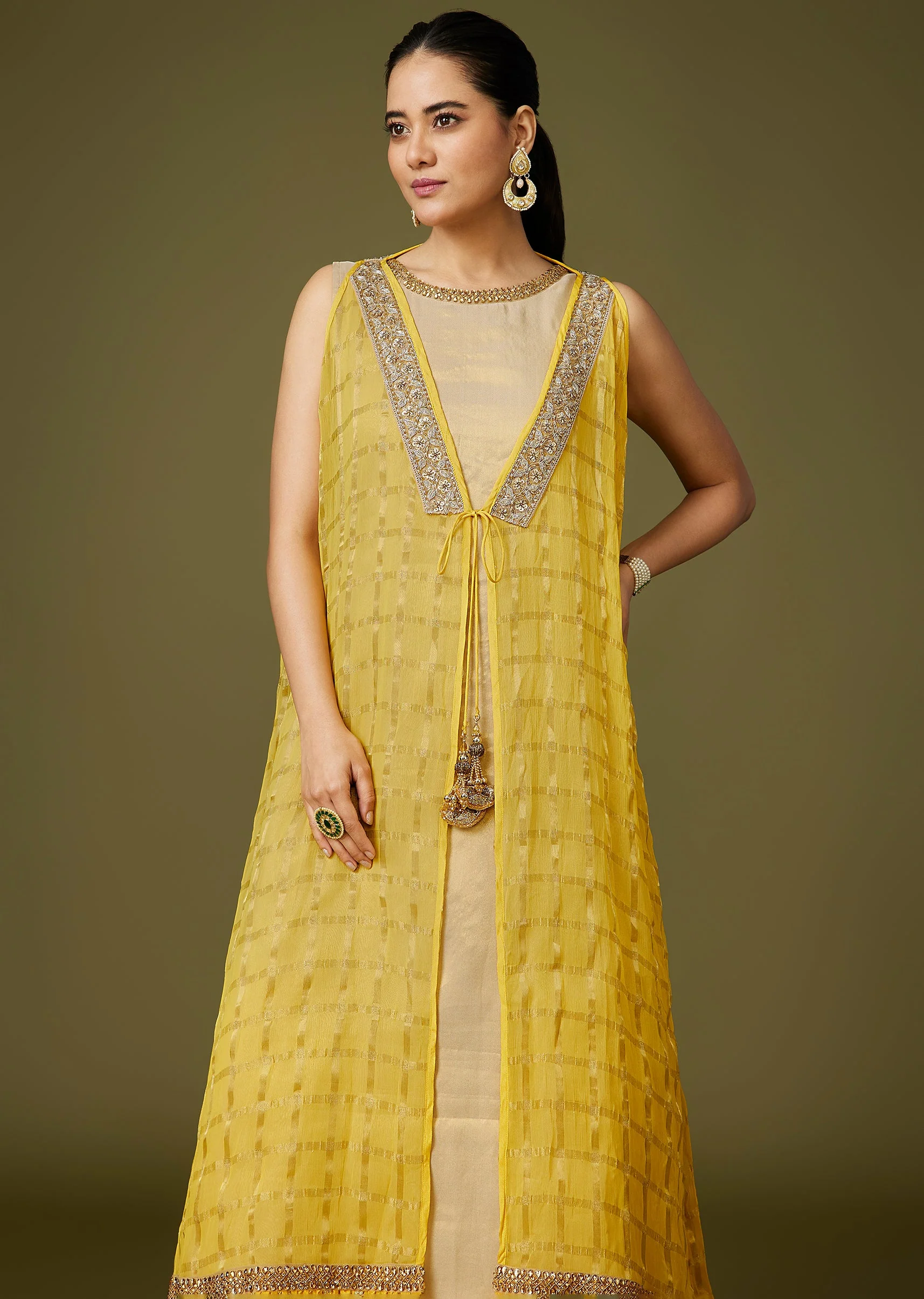 Yellow Fusion Lehenga With Banarasi Kurta And Embellished Jacket - Image 4