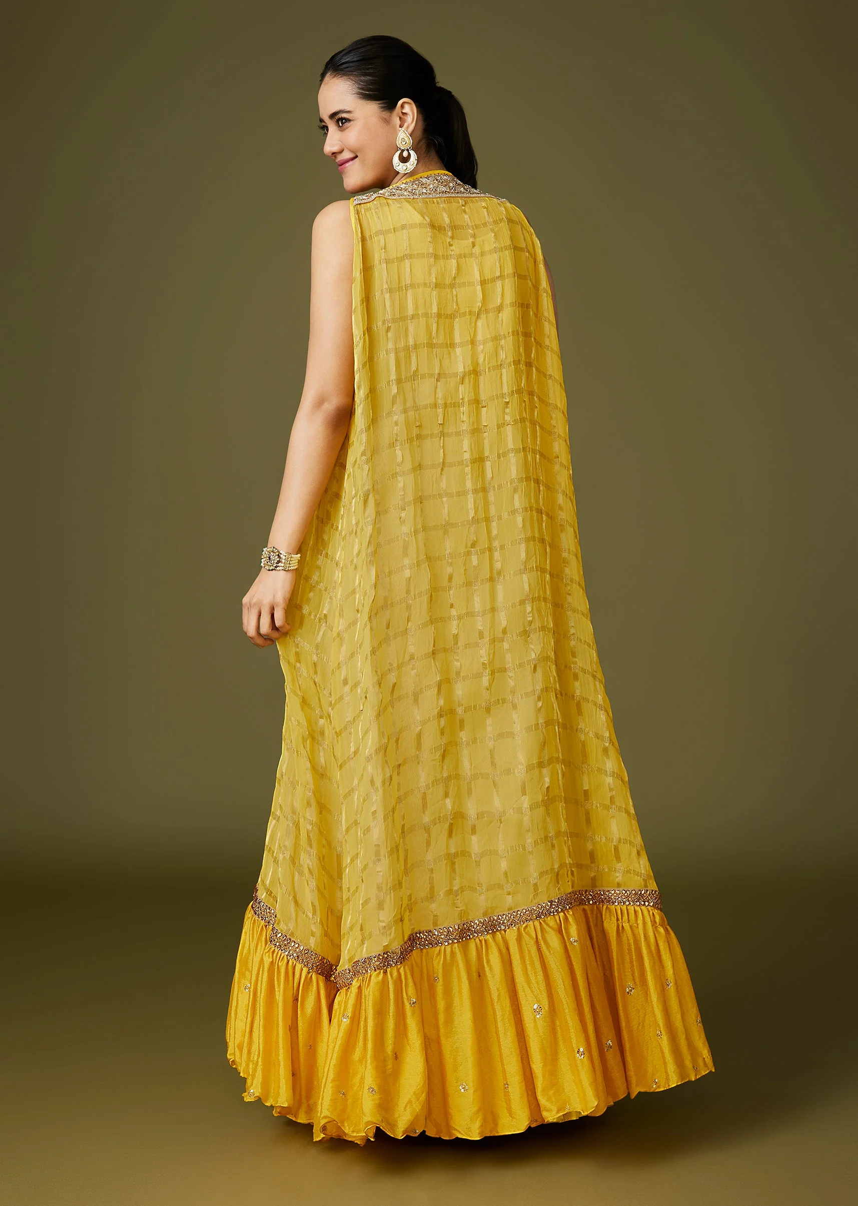 Yellow Fusion Lehenga With Banarasi Kurta And Embellished Jacket - Image 5