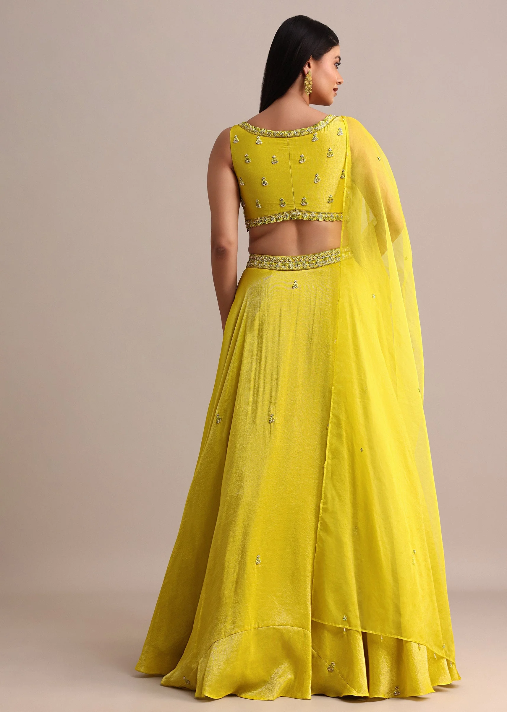 Yellow Garwal Tissue Double Circular Lehenga With Embroidered Blouse And Dupatta - Image 5