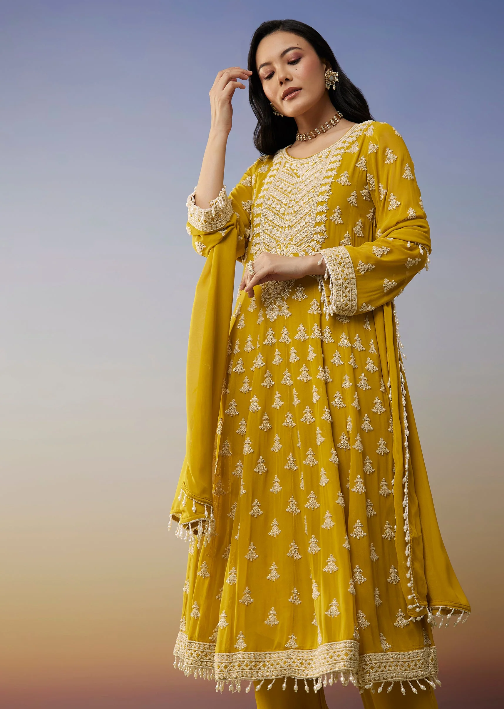 Yellow Georgette Anarkali Suit with Beads Detail Work - Image 4