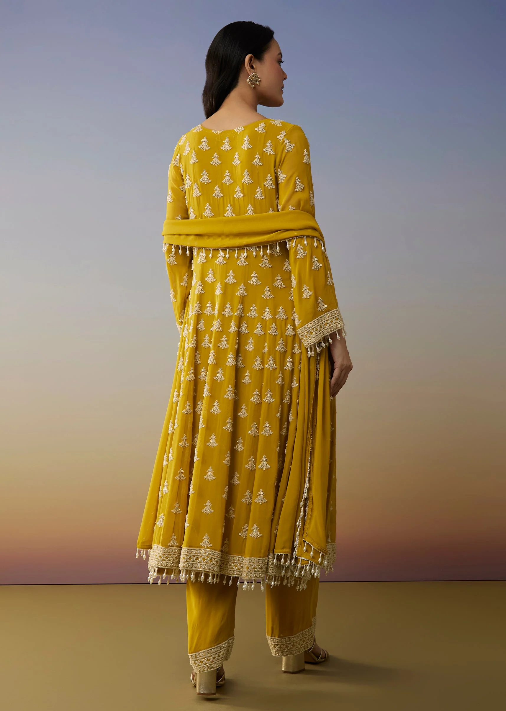 Yellow Georgette Anarkali Suit with Beads Detail Work - Image 5