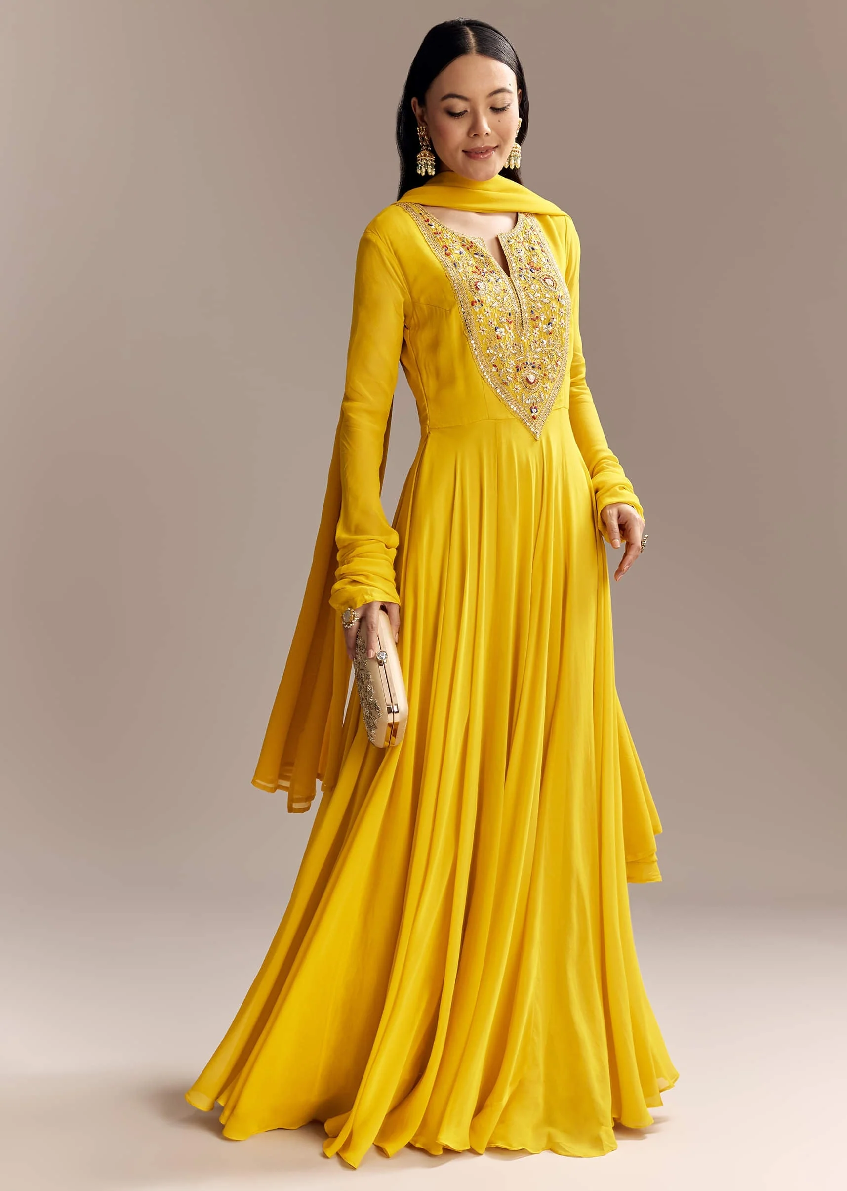 Yellow Georgette Anarkali Suit With Zari And Resham Work - Image 4