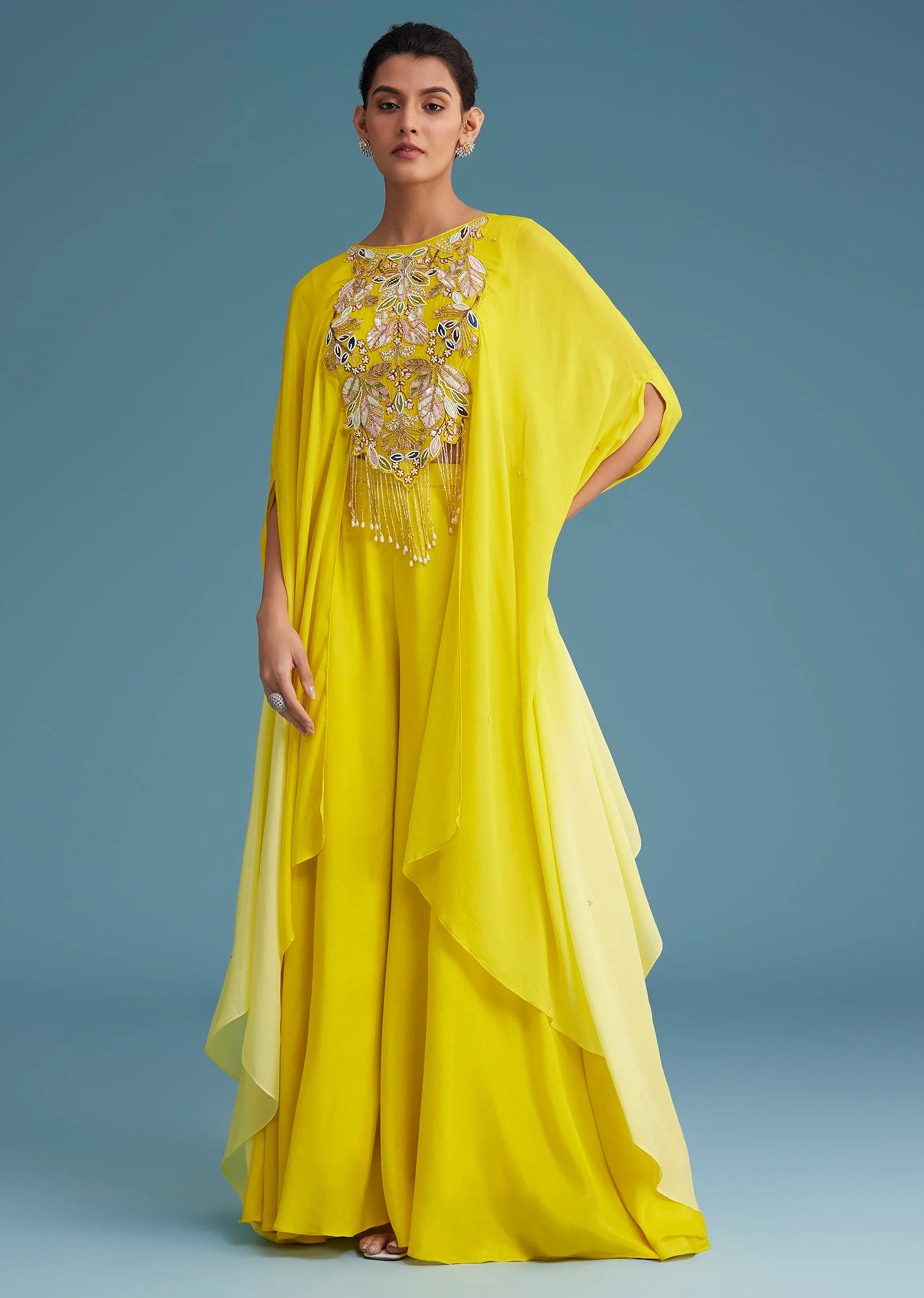 Yellow Georgette Crepe Palazzo Set With Ombre Sleeves
