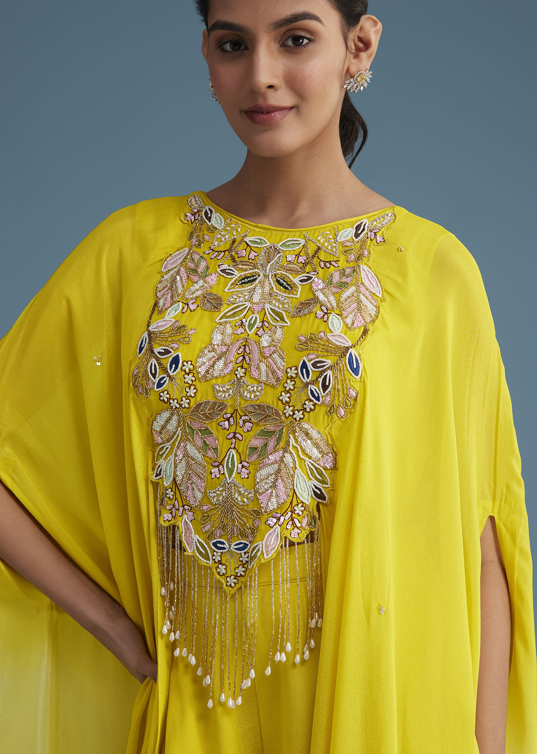 Yellow Georgette Crepe Palazzo Set With Ombre Sleeves - Image 2