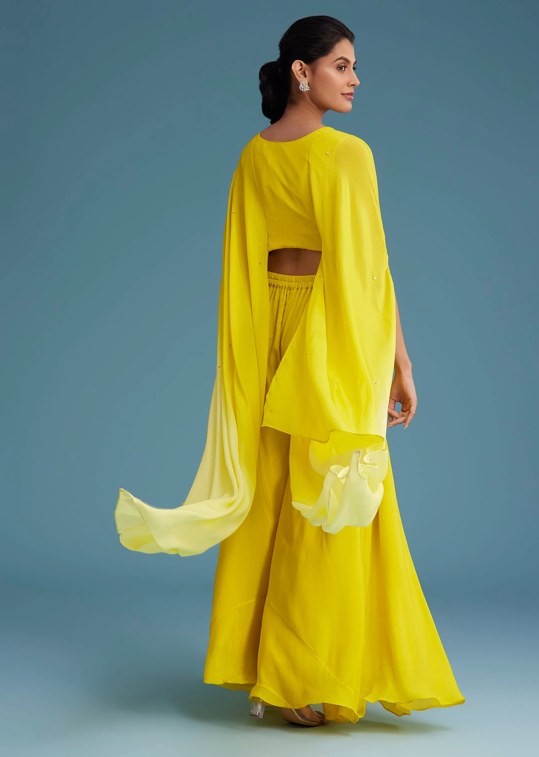 Yellow Georgette Crepe Palazzo Set With Ombre Sleeves - Image 5