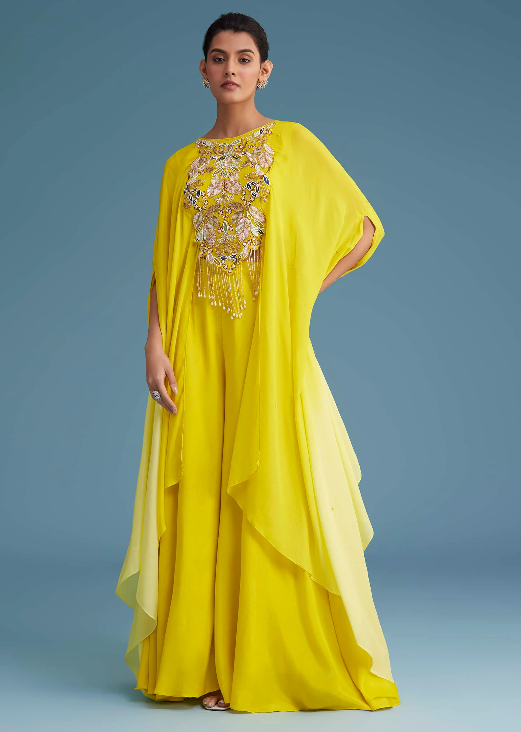 Yellow Georgette Crepe Palazzo Set With Ombre Sleeves - Image 7