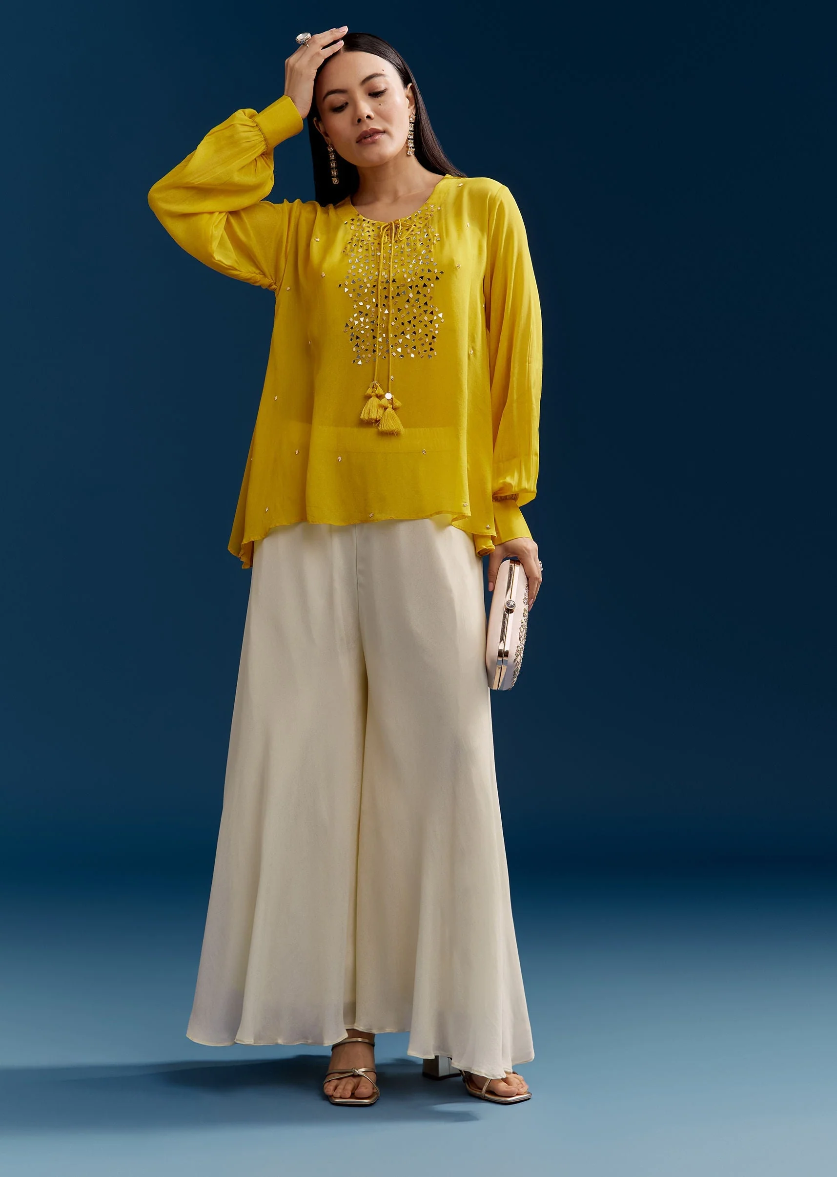 Yellow Georgette Crop Top With Mirror Work