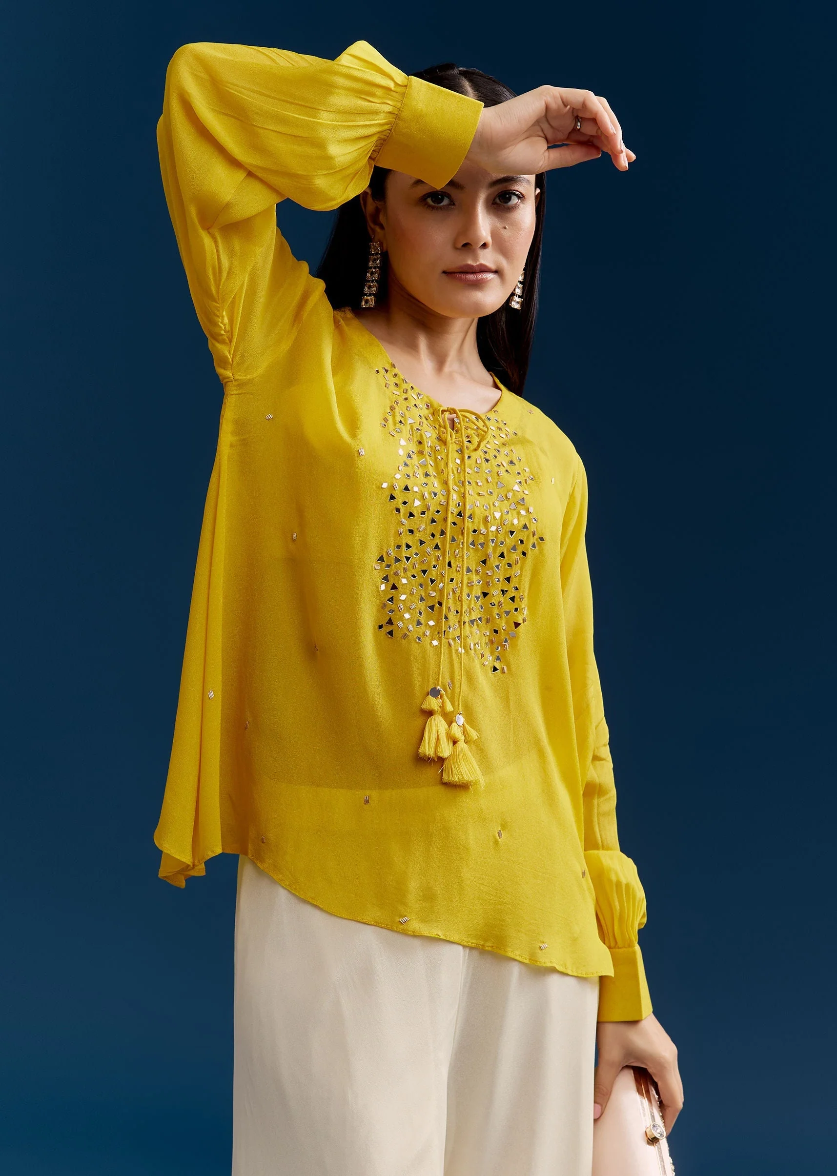 Yellow Georgette Crop Top With Mirror Work - Image 4