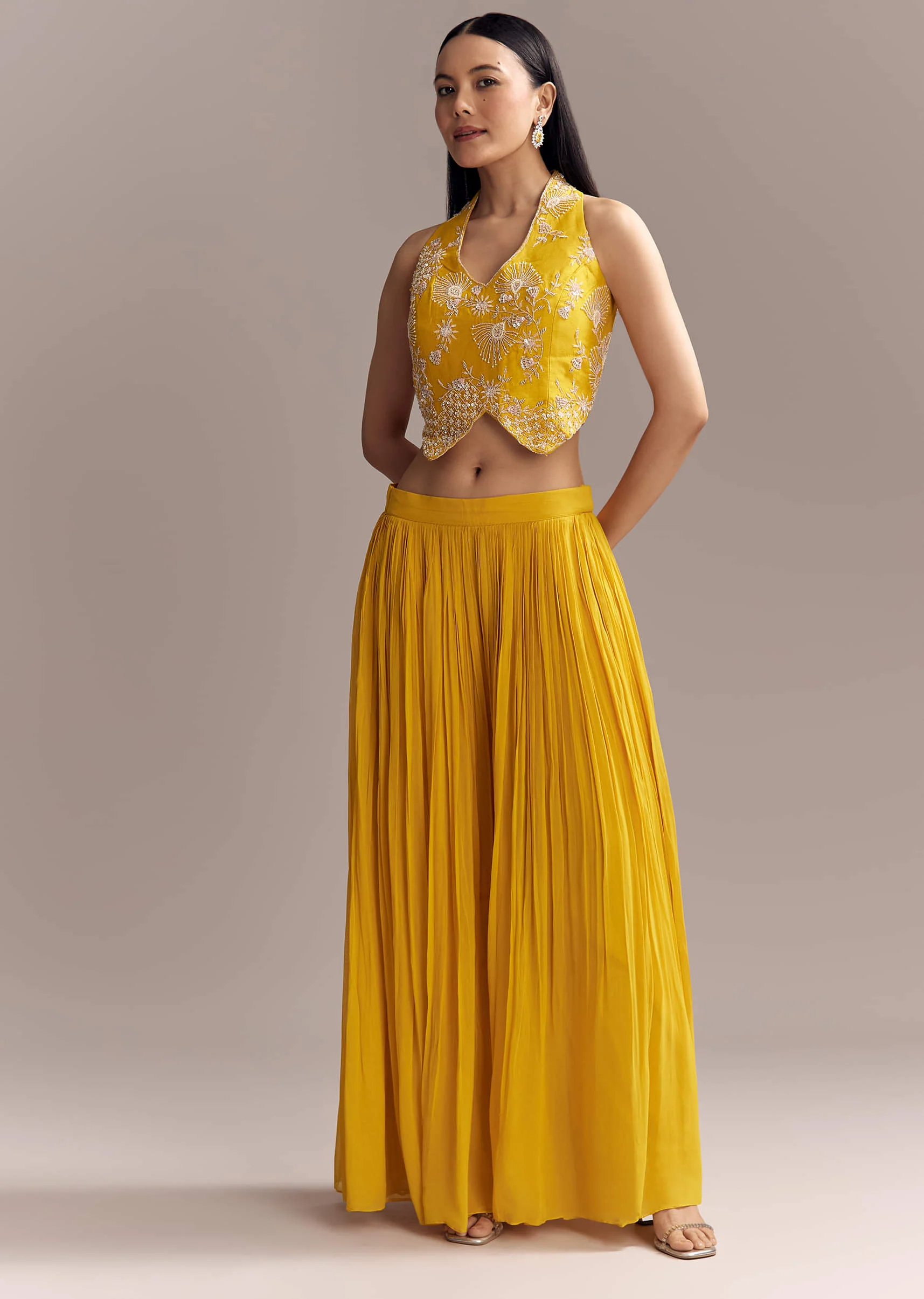 Yellow Georgette Embellished Crop Top And Palazzo Set With Cutdana Work - Image 3