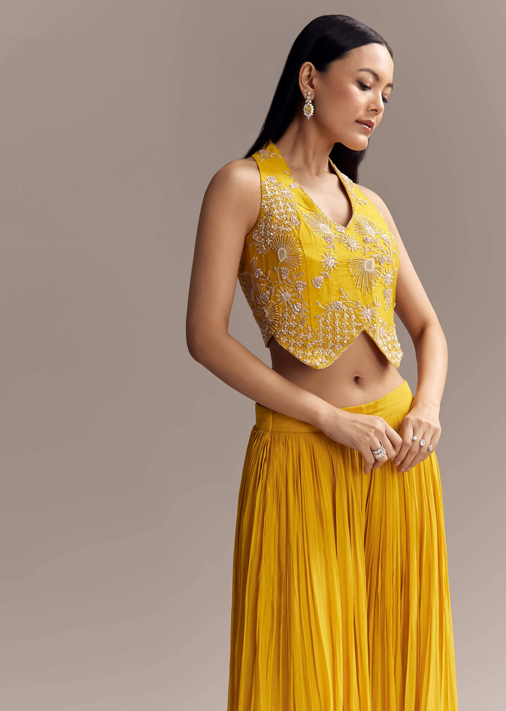 Yellow Georgette Embellished Crop Top And Palazzo Set With Cutdana Work - Image 4