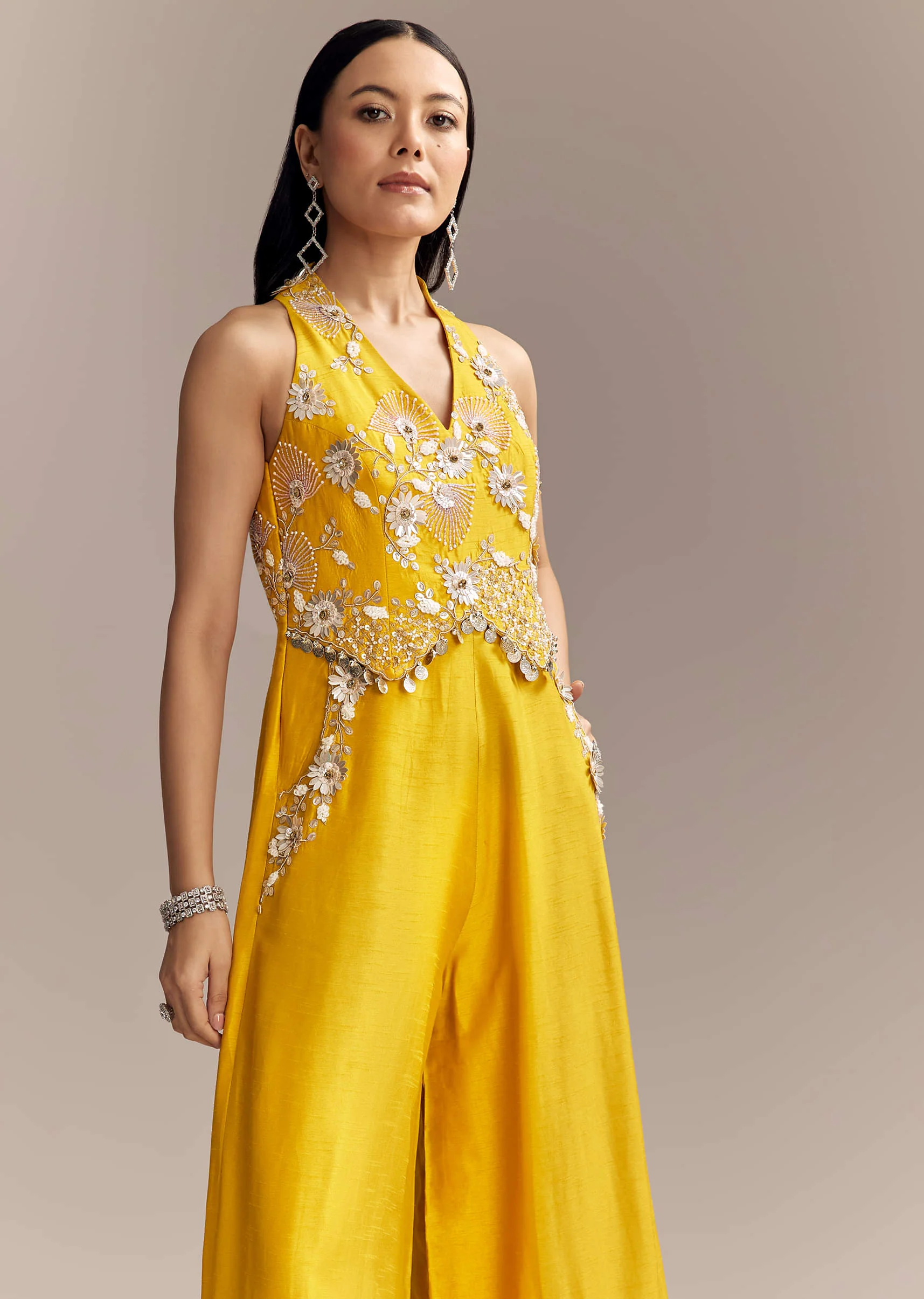 Yellow Georgette Embellished Crop Top And Palazzo Set With Cutdana Work - Image 9