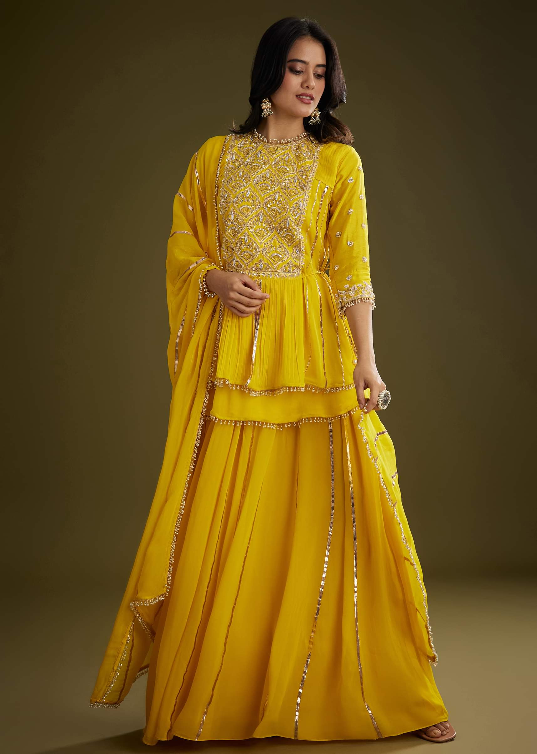 Yellow Georgette Gotta Lace Kurta Set With Cut Dana and Sequins Embellishments - Image 3