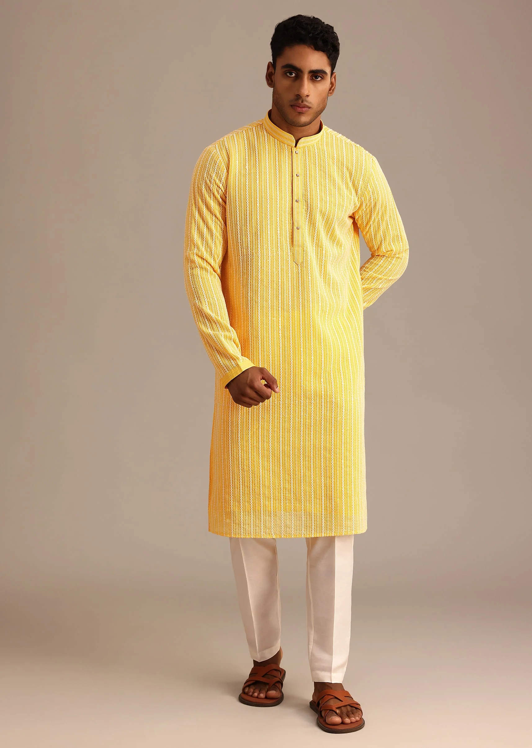 Yellow Georgette Kurta Set With Resham Work - Image 3