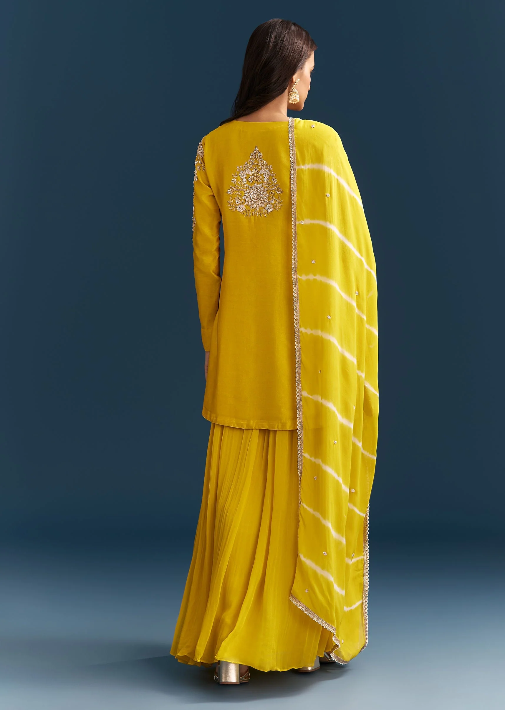 Yellow Georgette Kurta Skirt Set With Sequins Work And Dupatta - Image 4