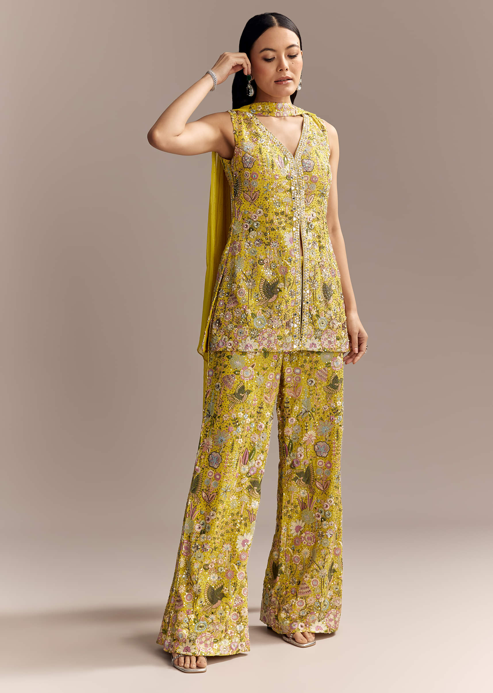Yellow Georgette Palazzo Suit With Heavy Sequins And Resham Work - Image 3