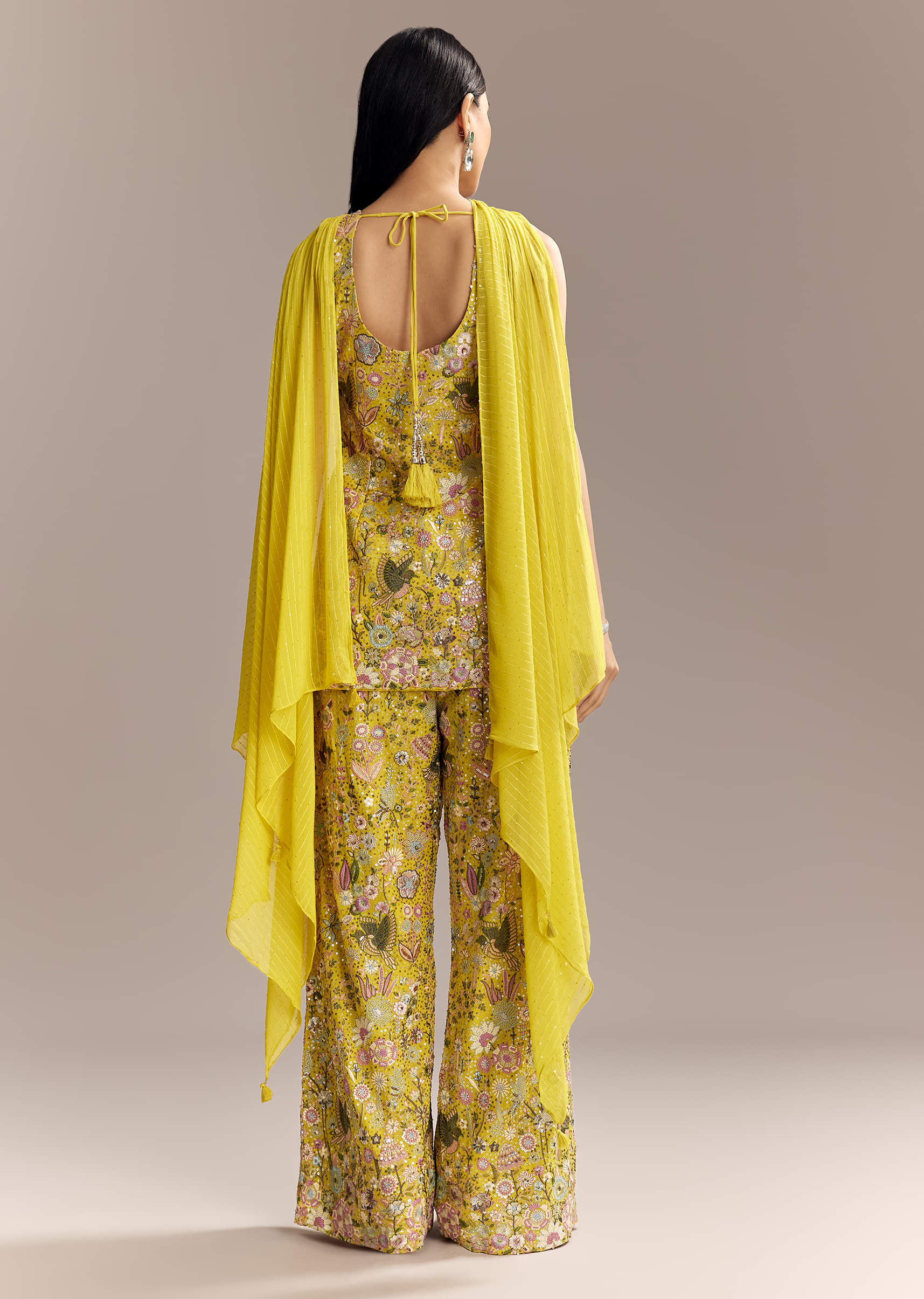 Yellow Georgette Palazzo Suit With Heavy Sequins And Resham Work - Image 5