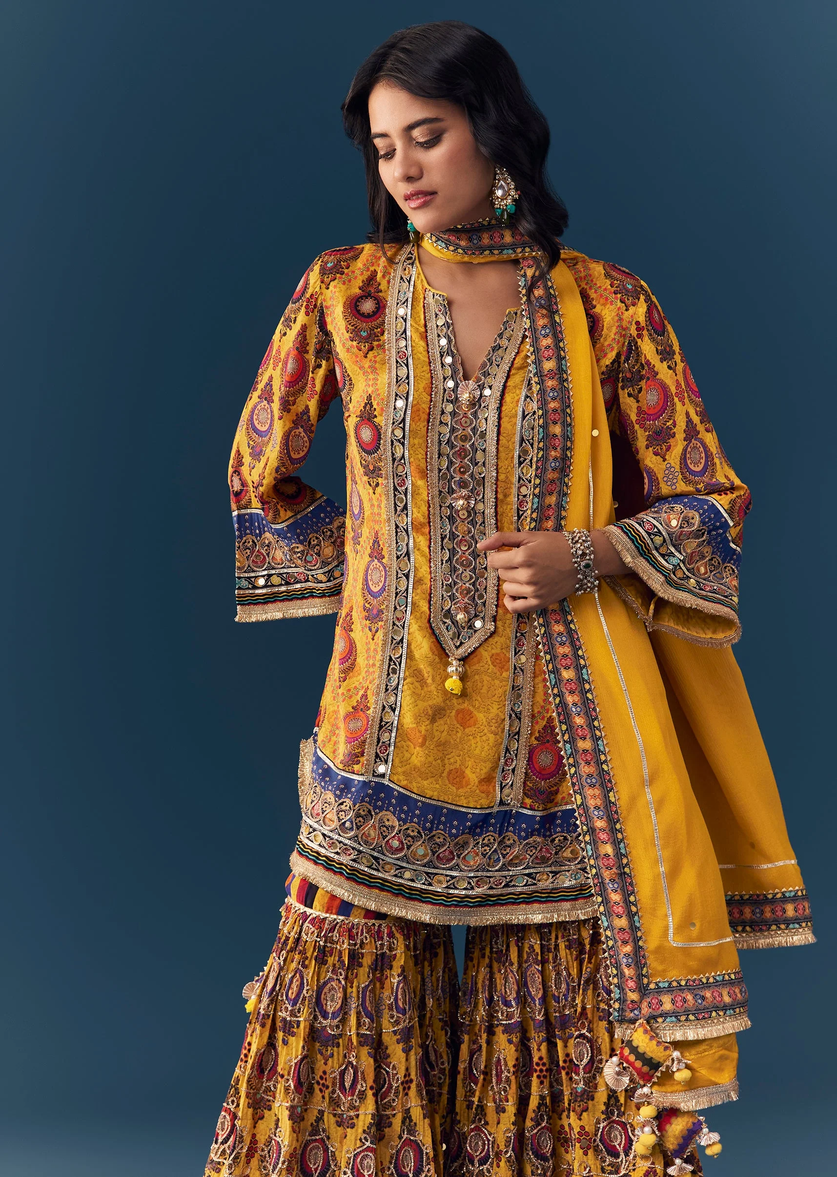 Yellow Gota Lace Work Sharara Set with Handbag - Image 4