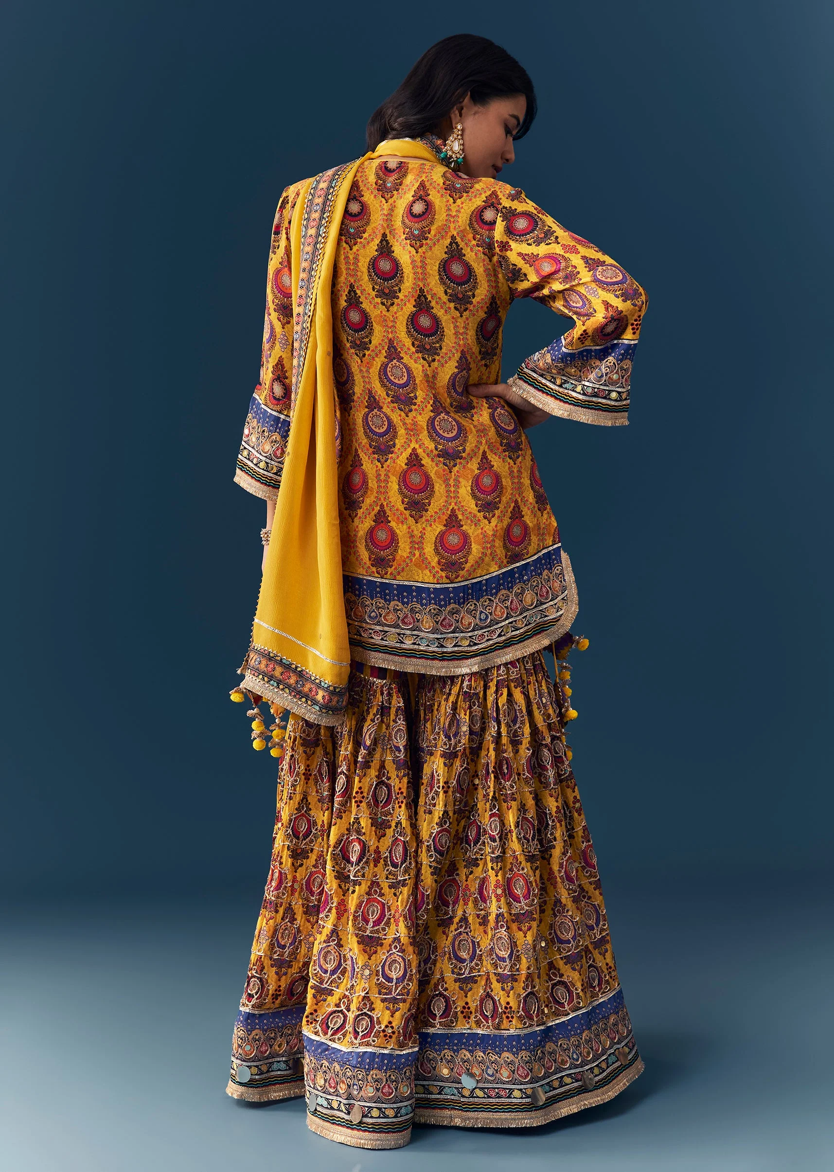 Yellow Gota Lace Work Sharara Set with Handbag - Image 5
