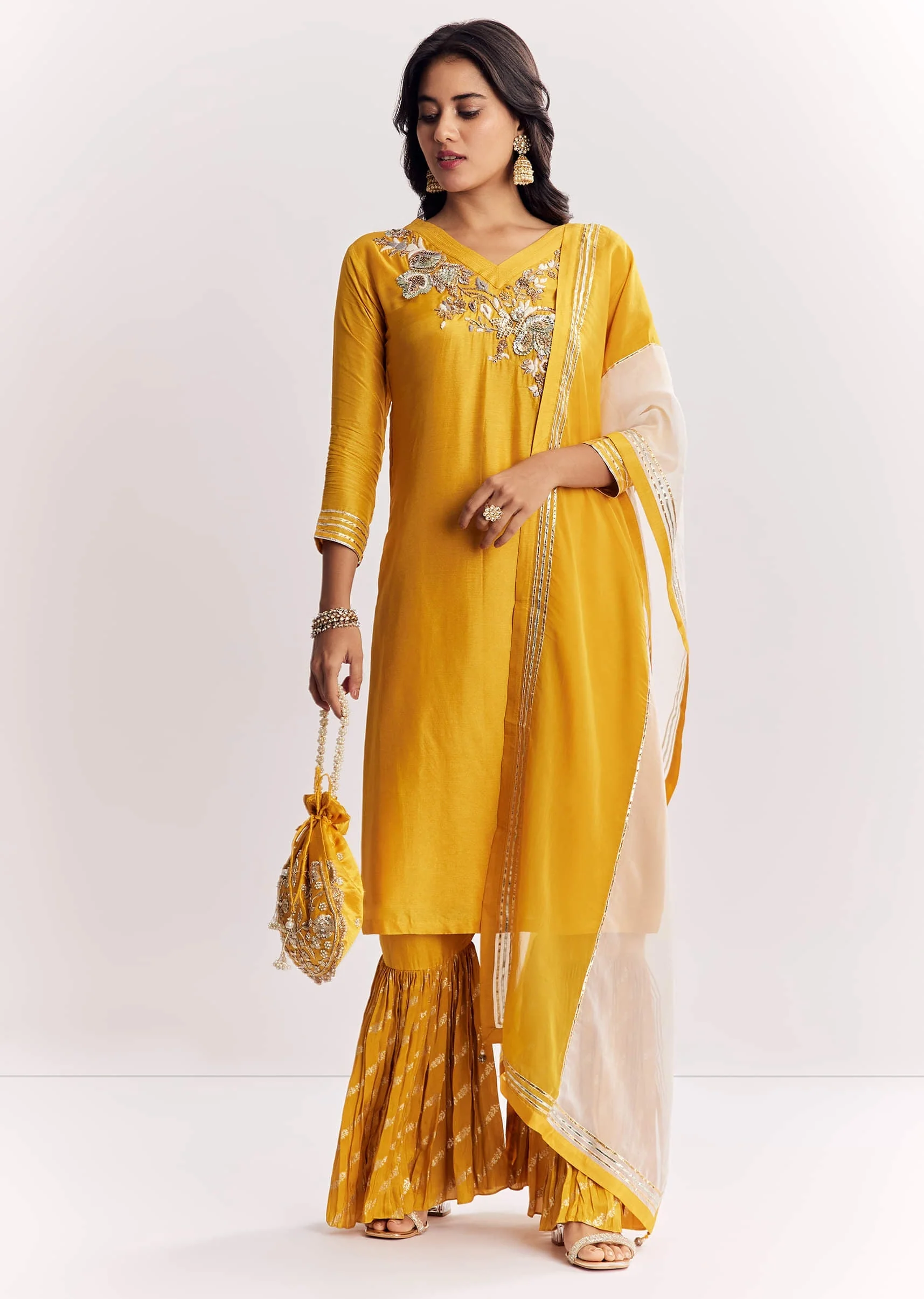Yellow Gotta Work Kurta Sharara Suit In Russian Silk - Image 2