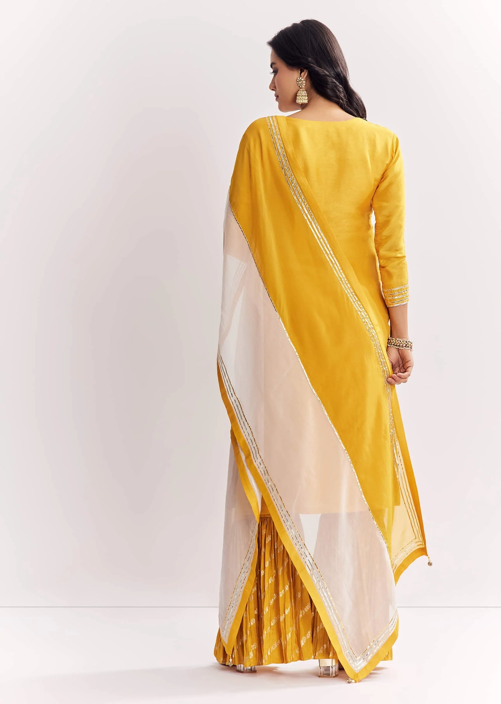 Yellow Gotta Work Kurta Sharara Suit In Russian Silk - Image 5