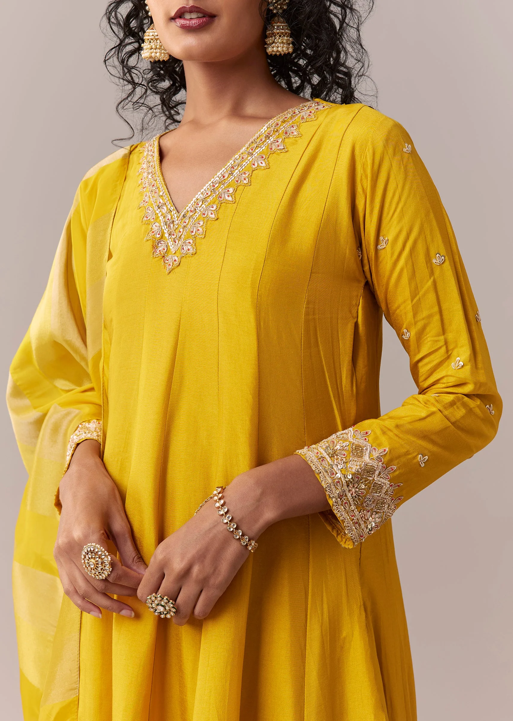 Yellow Gotta & Zardosi Anarkali Set With Dupatta - Image 2