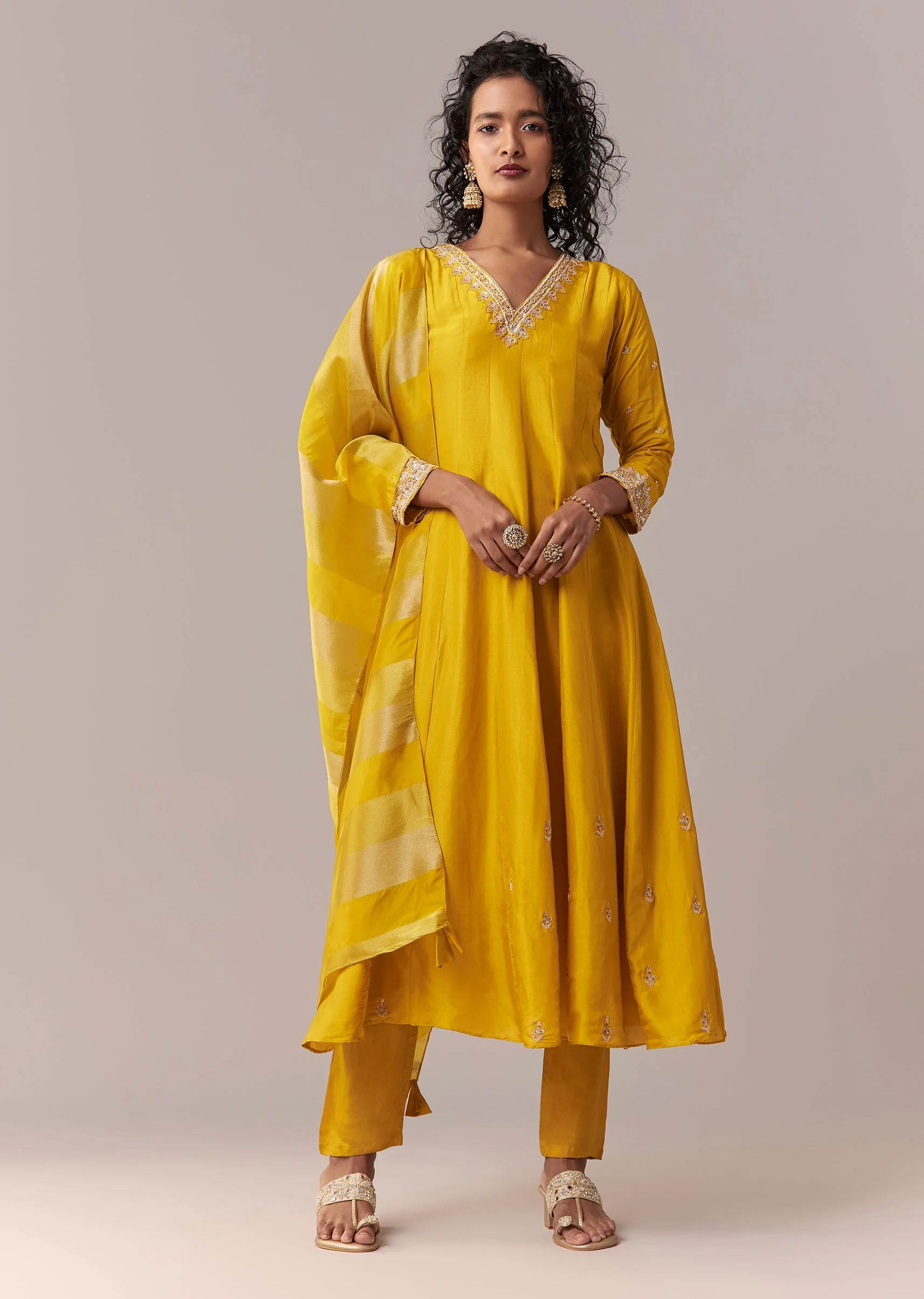 Yellow Gotta & Zardosi Anarkali Set With Dupatta - Image 3