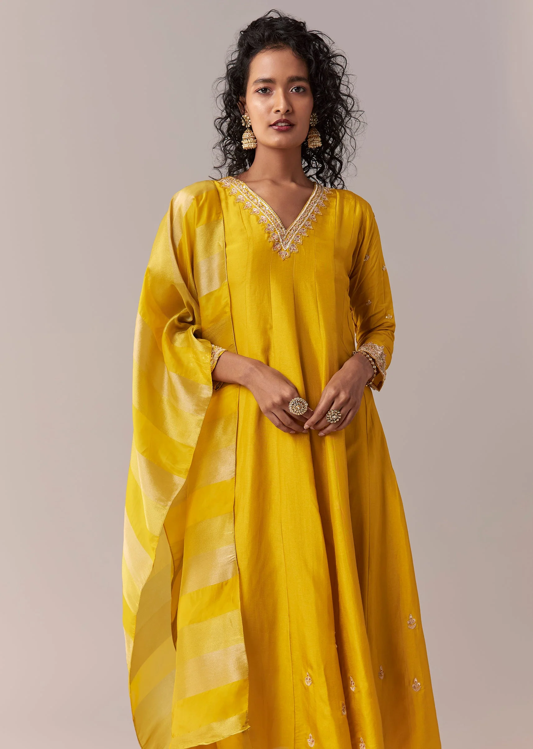 Yellow Gotta & Zardosi Anarkali Set With Dupatta - Image 4