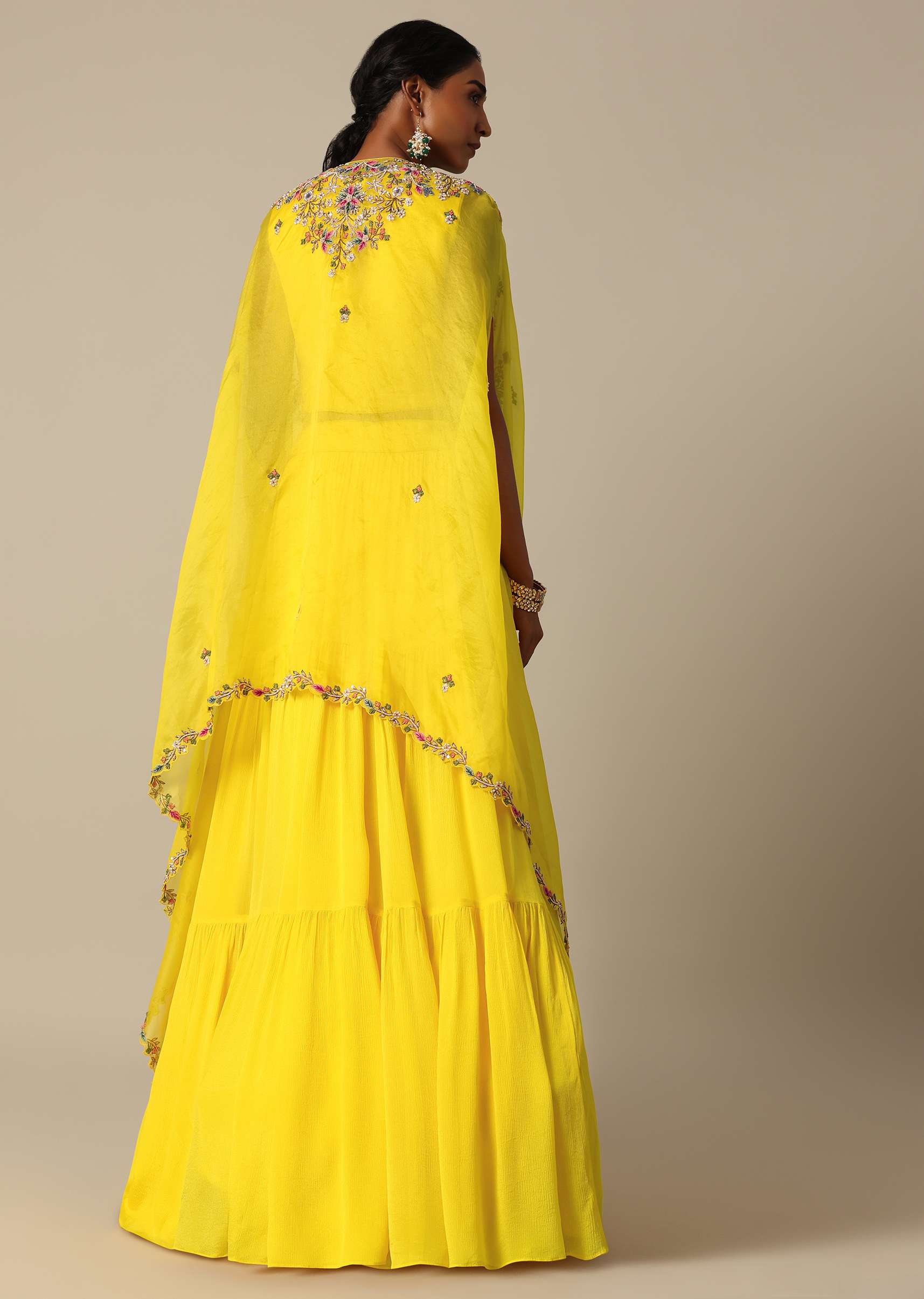 Yellow Hand Embroidered Long Jacket And Lehenga Set - Image 2