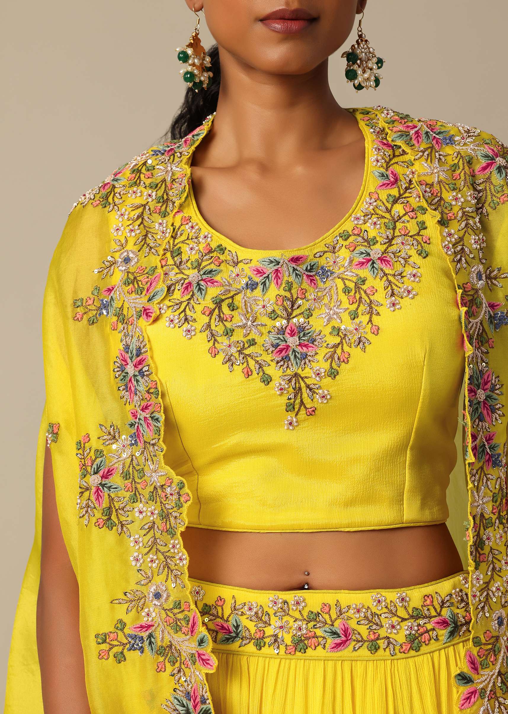 Yellow Hand Embroidered Long Jacket And Lehenga Set - Image 4