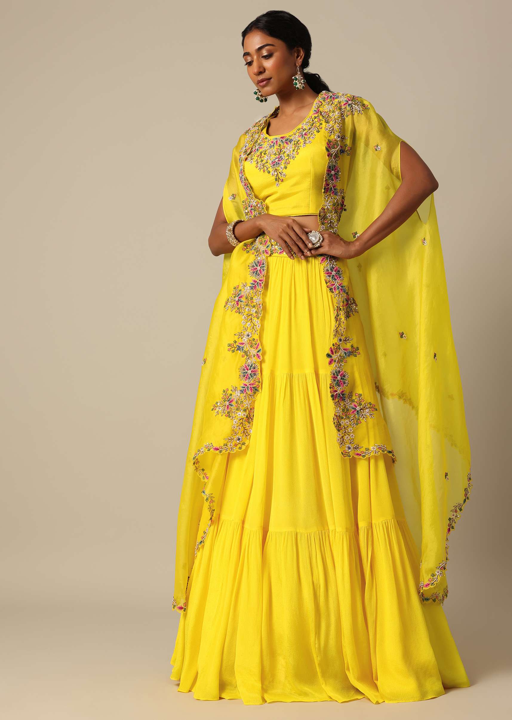 Yellow Hand Embroidered Long Jacket And Lehenga Set - Image 6