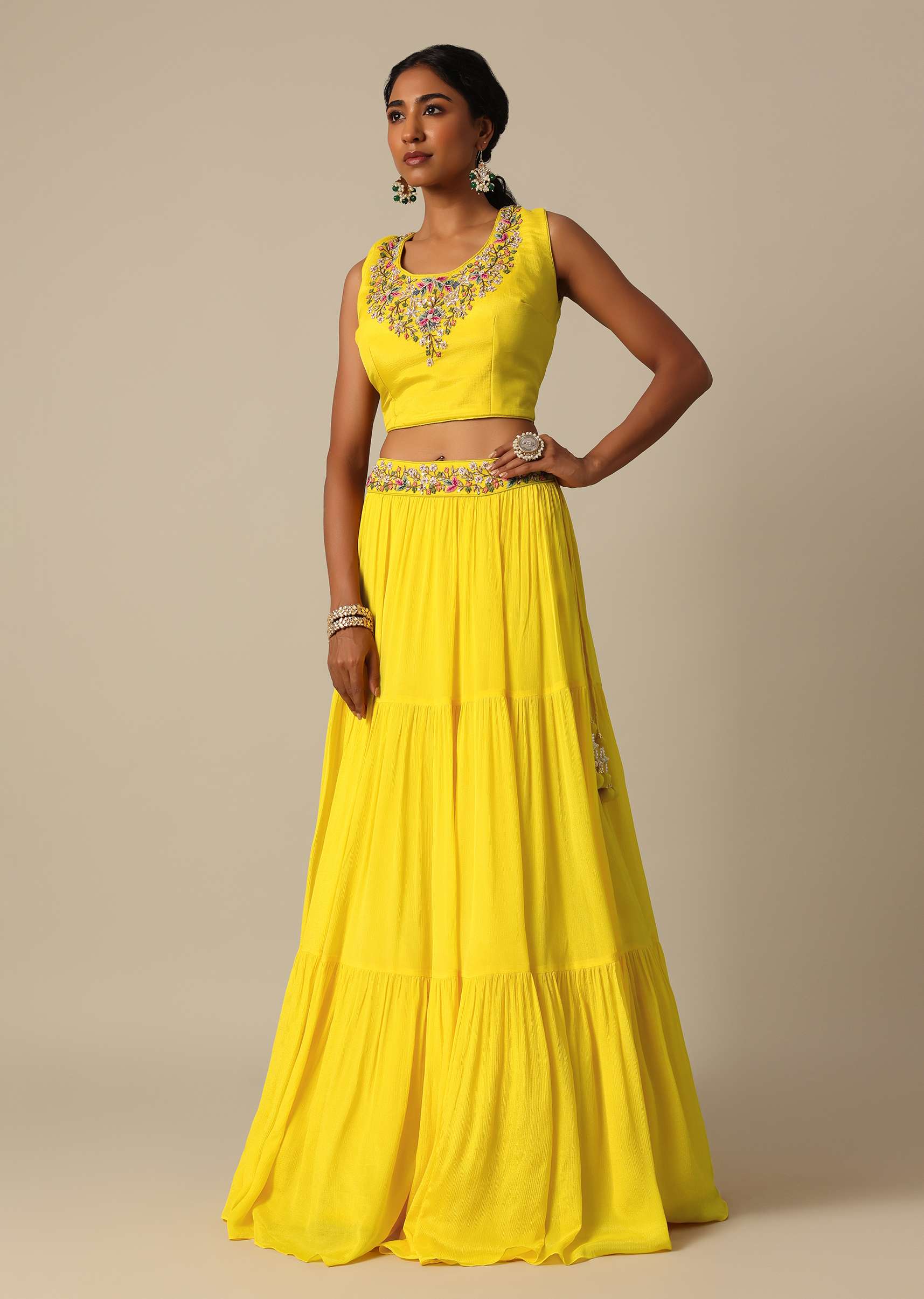 Yellow Hand Embroidered Long Jacket And Lehenga Set - Image 9
