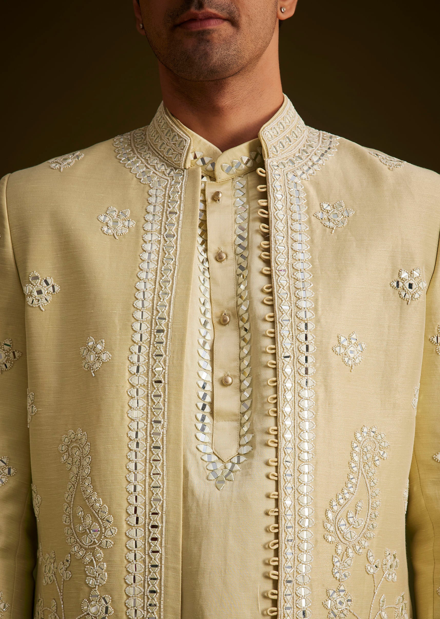 Yellow Hand Embroidered Sherwani Set - Image 2