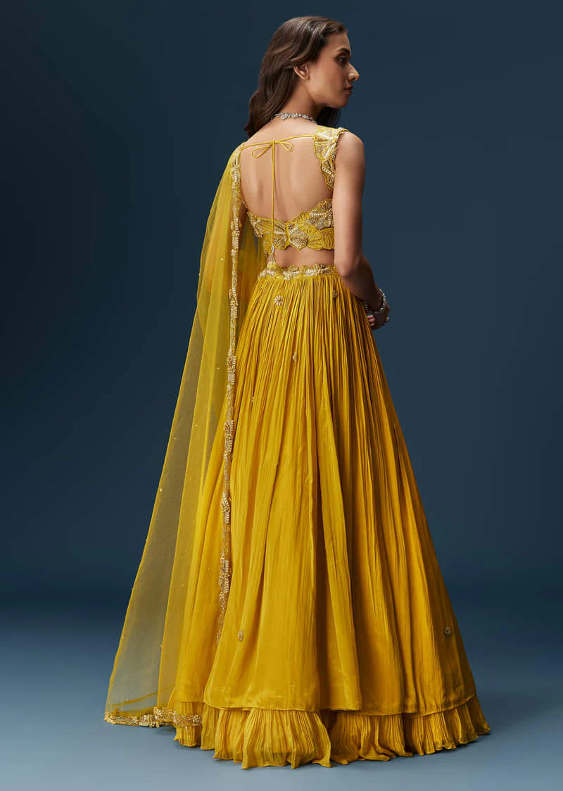 Yellow Indo Western Lehenga With Rushed Skirt And Embroidered Dupatta - Image 2