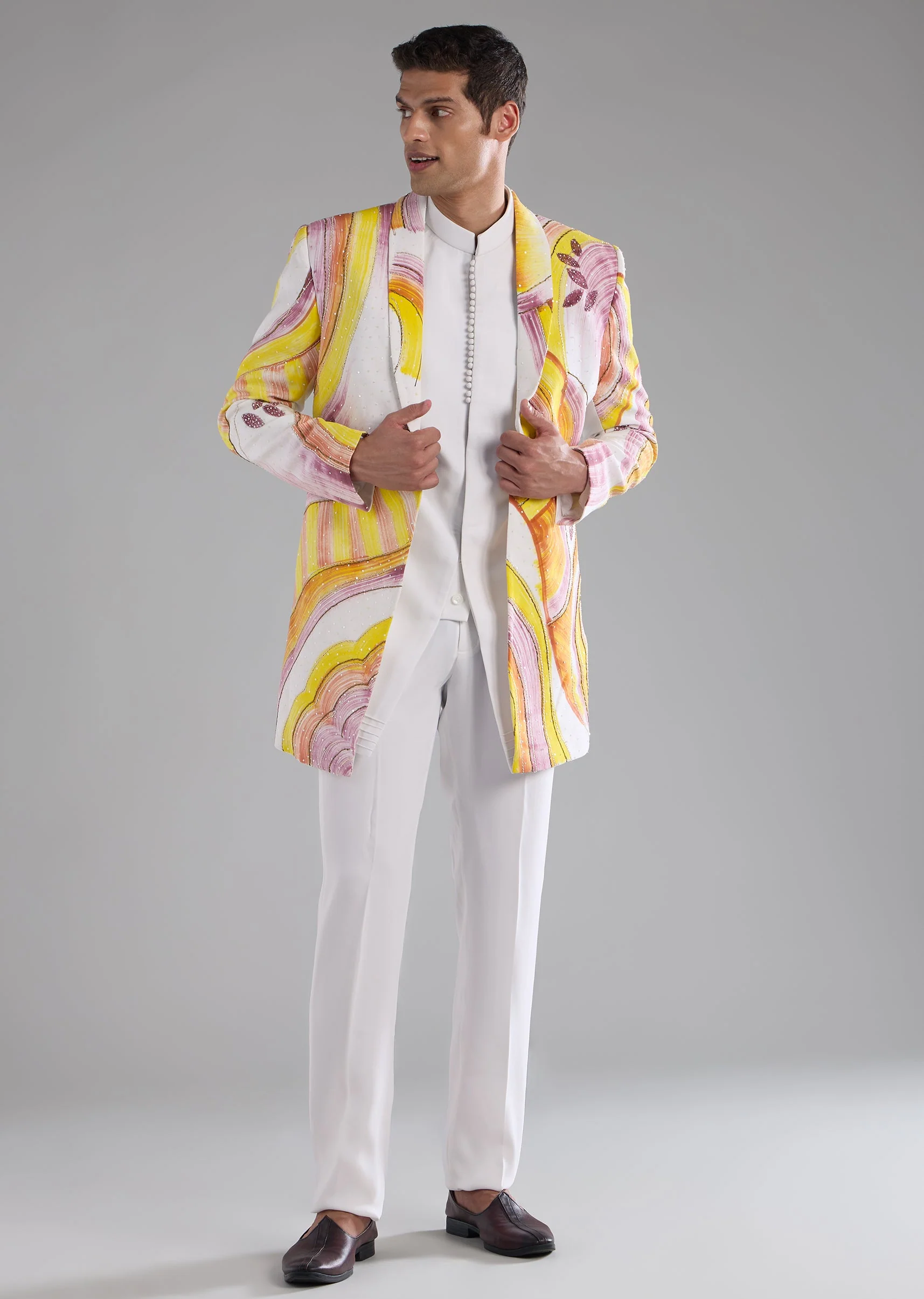 Yellow Indowestern Kurta Set with Resham Work - Image 3