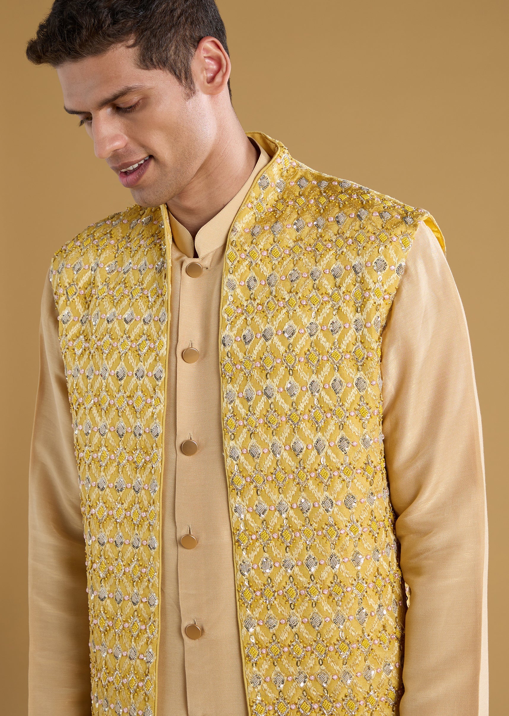 Yellow Jacquard Embroidered Jacket and Kurta Set - Image 2