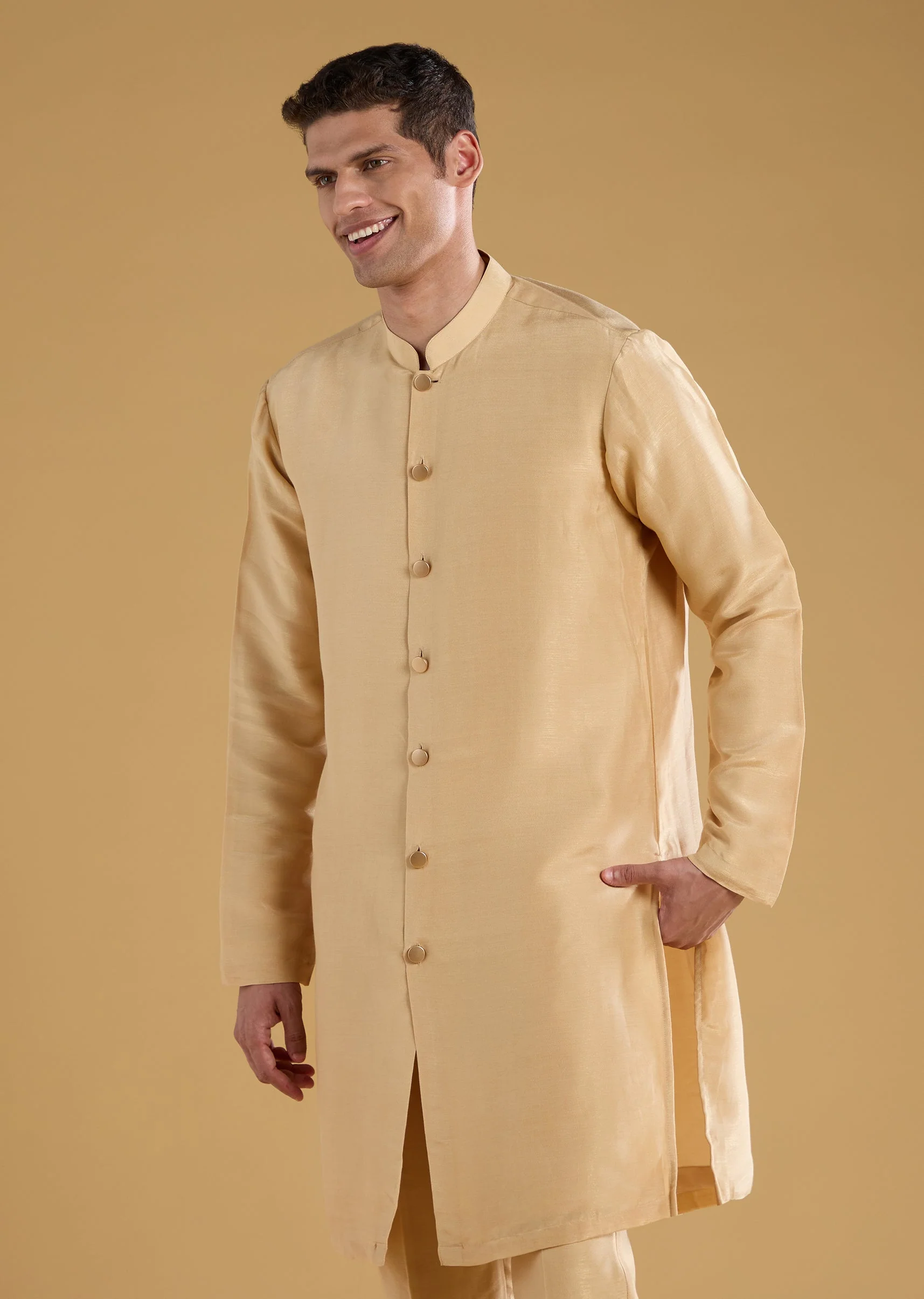 Yellow Jacquard Embroidered Jacket and Kurta Set - Image 6