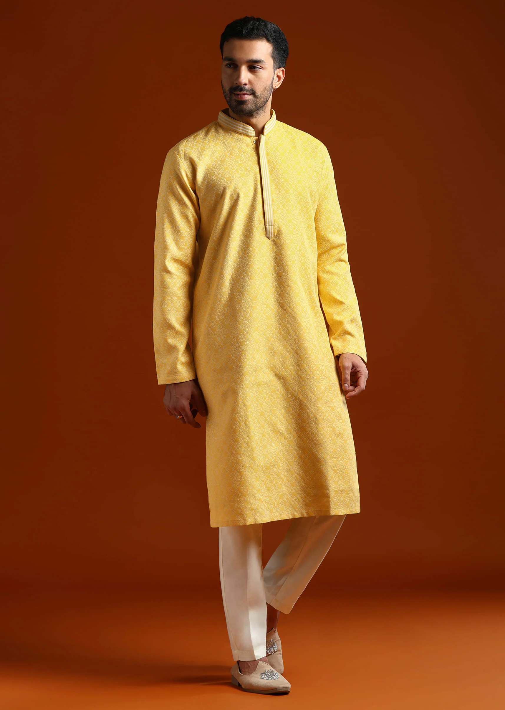 Yellow Jacquard Kurta Set For Men With Subtle Print - Image 3