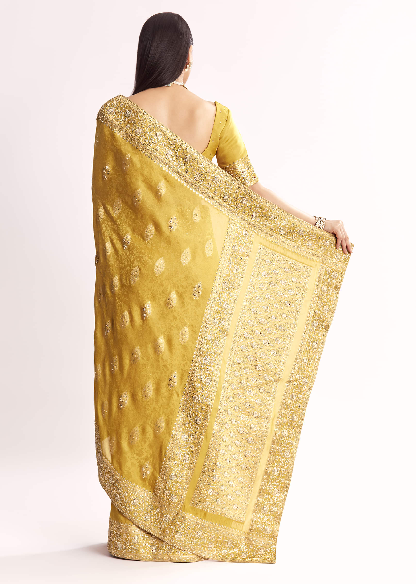 Yellow Jacquard Silk Saree With Woven Brocade Zari Work - Image 6