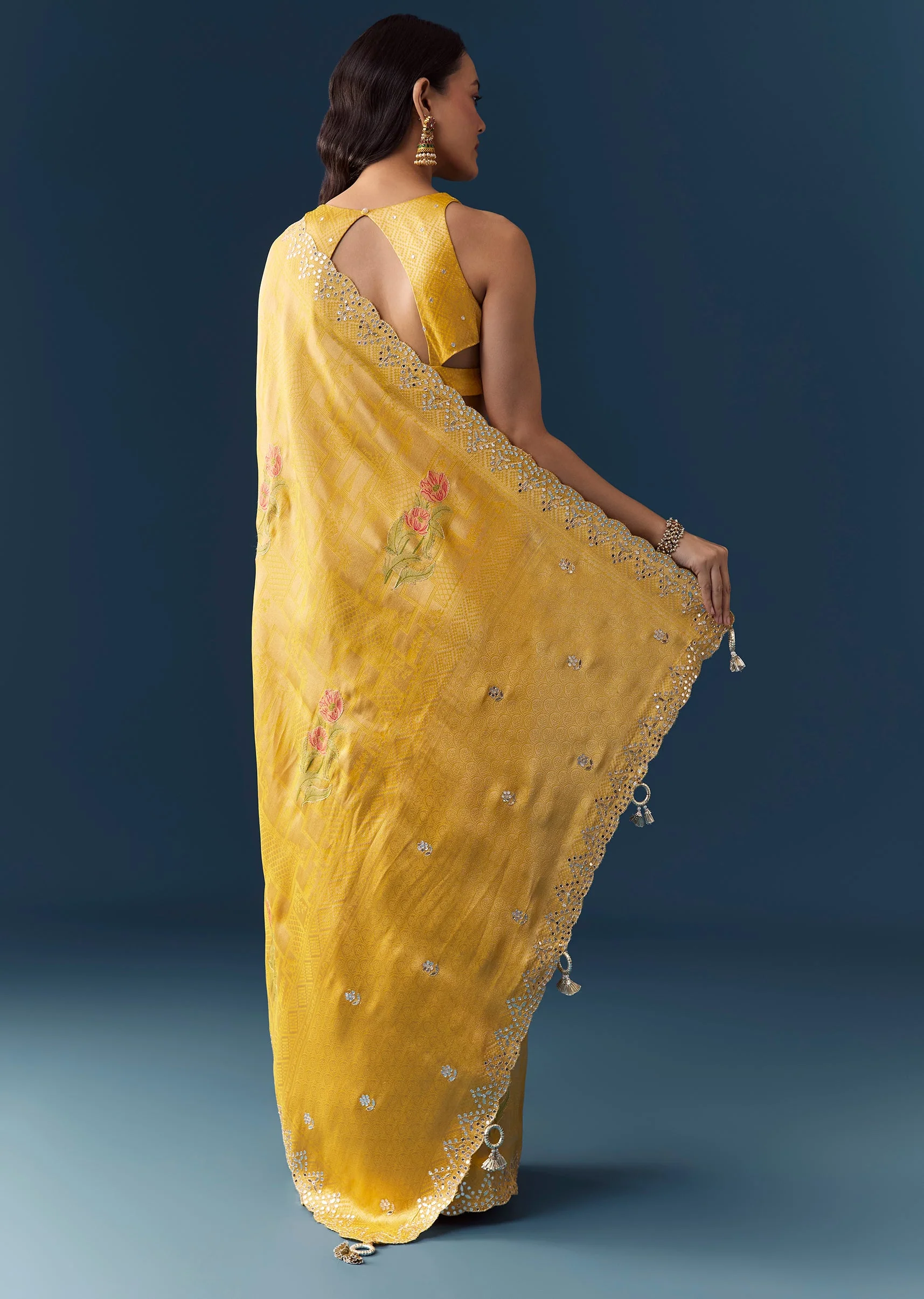 Yellow Jacquard Silk Woven Saree with Unstitched Blouse - Image 5