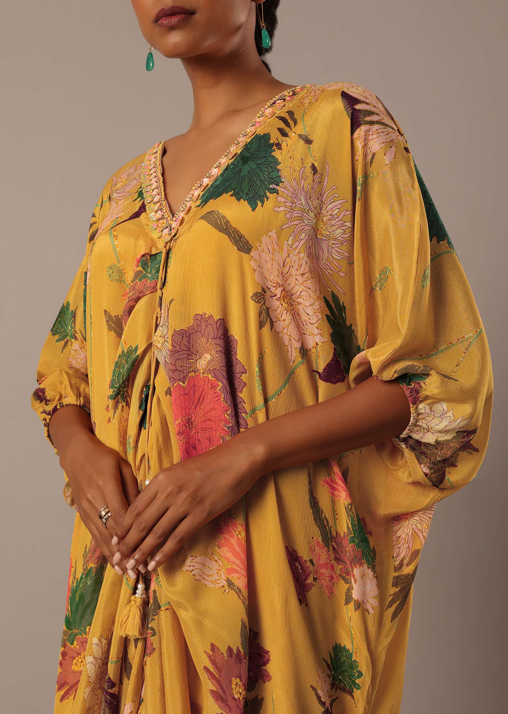 Yellow Kaftan Style Kurta Set With Floral Prints - Image 3