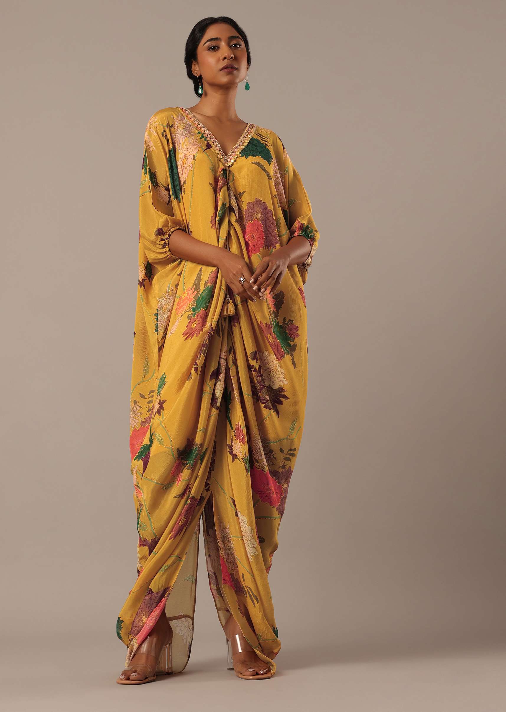 Yellow Kaftan Style Kurta Set With Floral Prints - Image 5