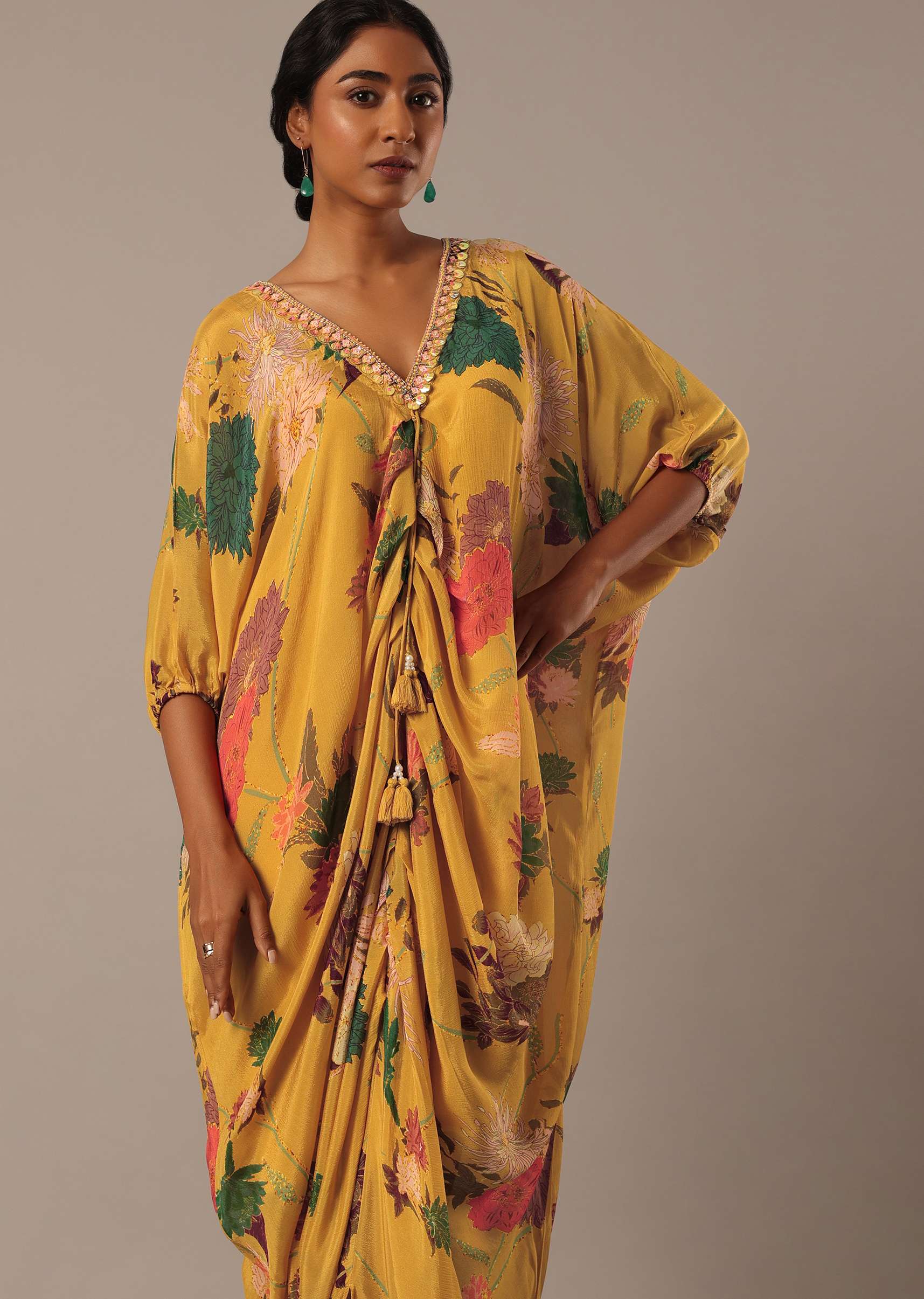 Yellow Kaftan Style Kurta Set With Floral Prints - Image 6