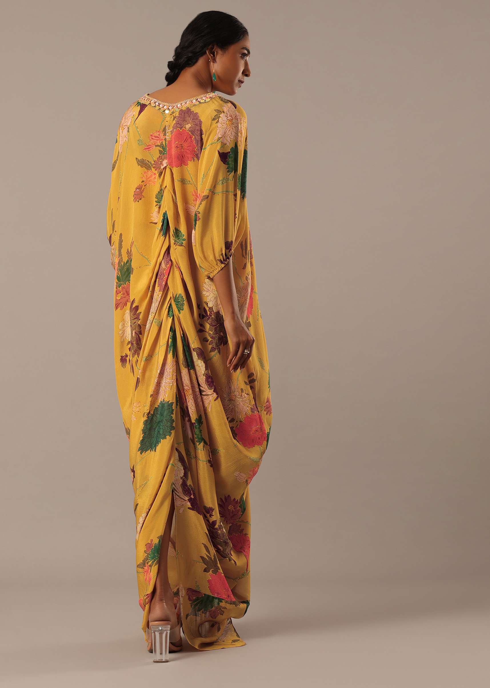 Yellow Kaftan Style Kurta Set With Floral Prints - Image 7