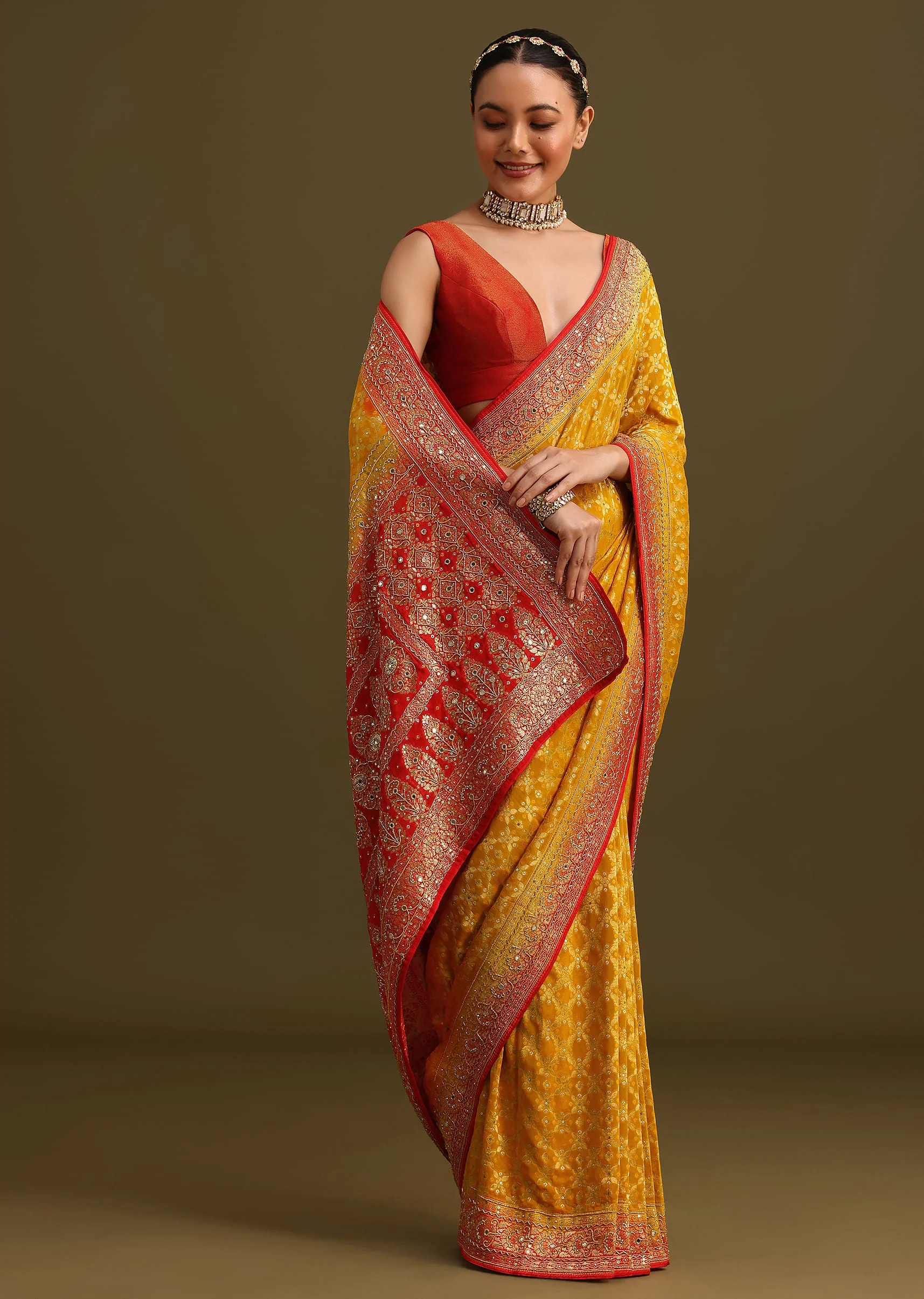 Yellow Khaddi Georgette Bandhani Weave Cutdana Ready To Wear Saree