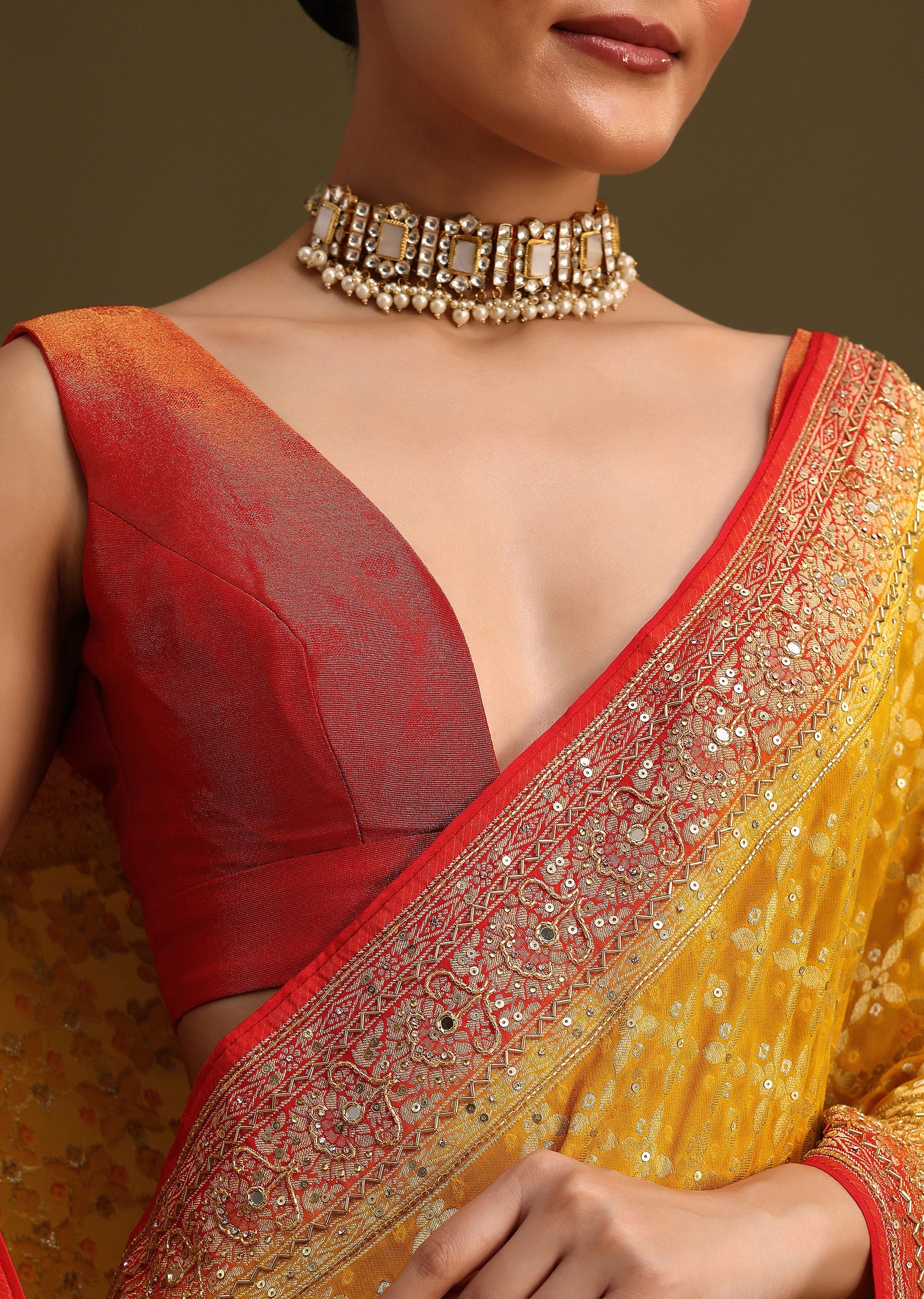 Yellow Khaddi Georgette Bandhani Weave Cutdana Ready To Wear Saree - Image 2