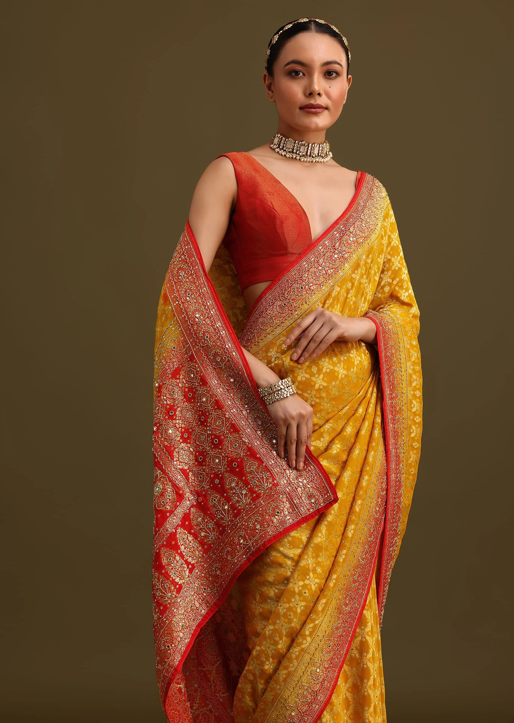 Yellow Khaddi Georgette Bandhani Weave Cutdana Ready To Wear Saree - Image 4