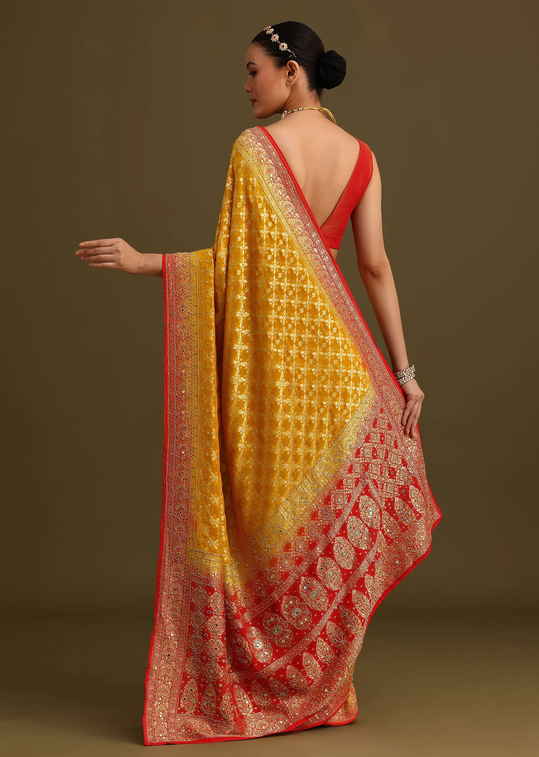 Yellow Khaddi Georgette Bandhani Weave Cutdana Ready To Wear Saree - Image 5