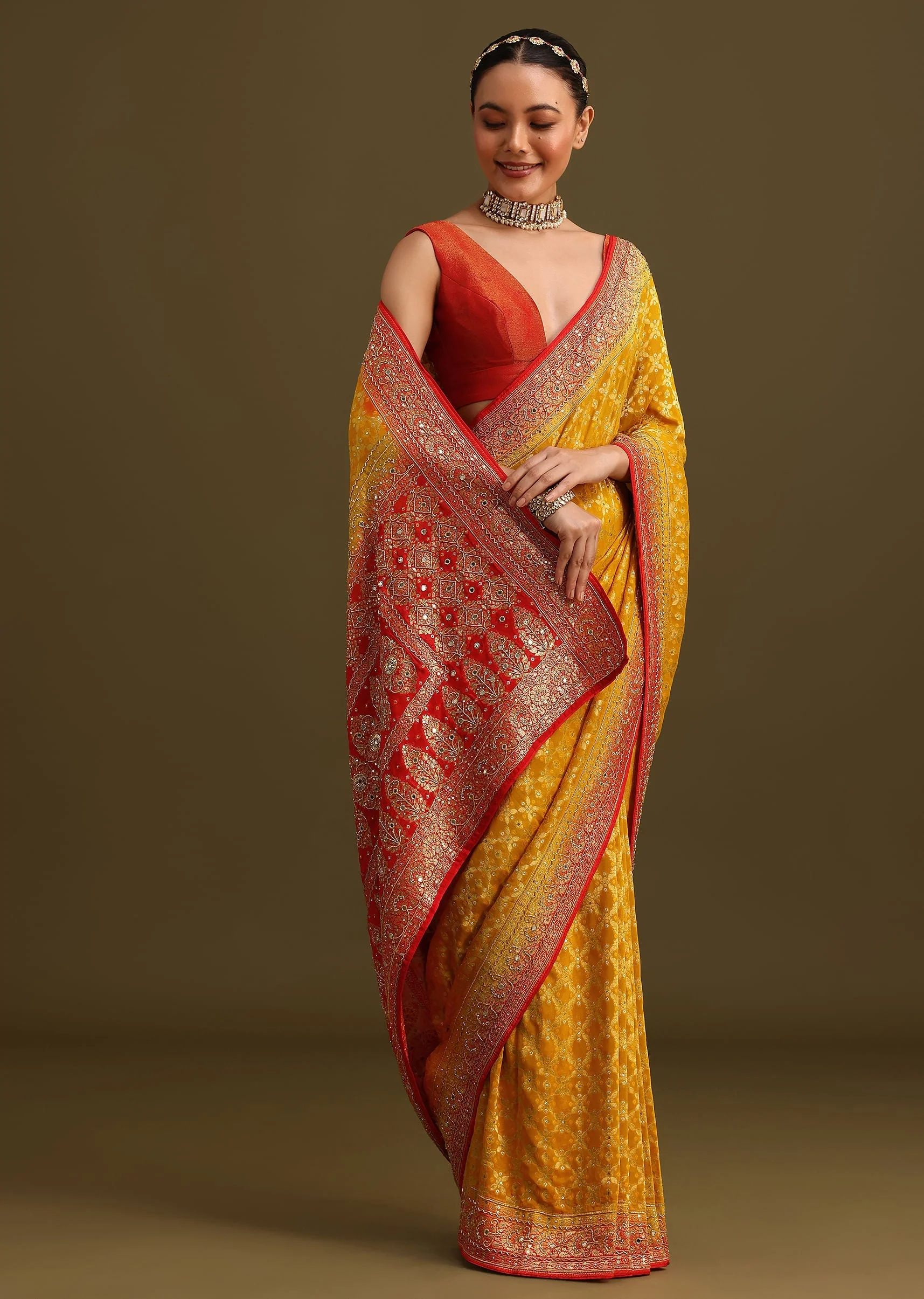 Yellow Khaddi Georgette Bandhani Weave Cutdana Saree