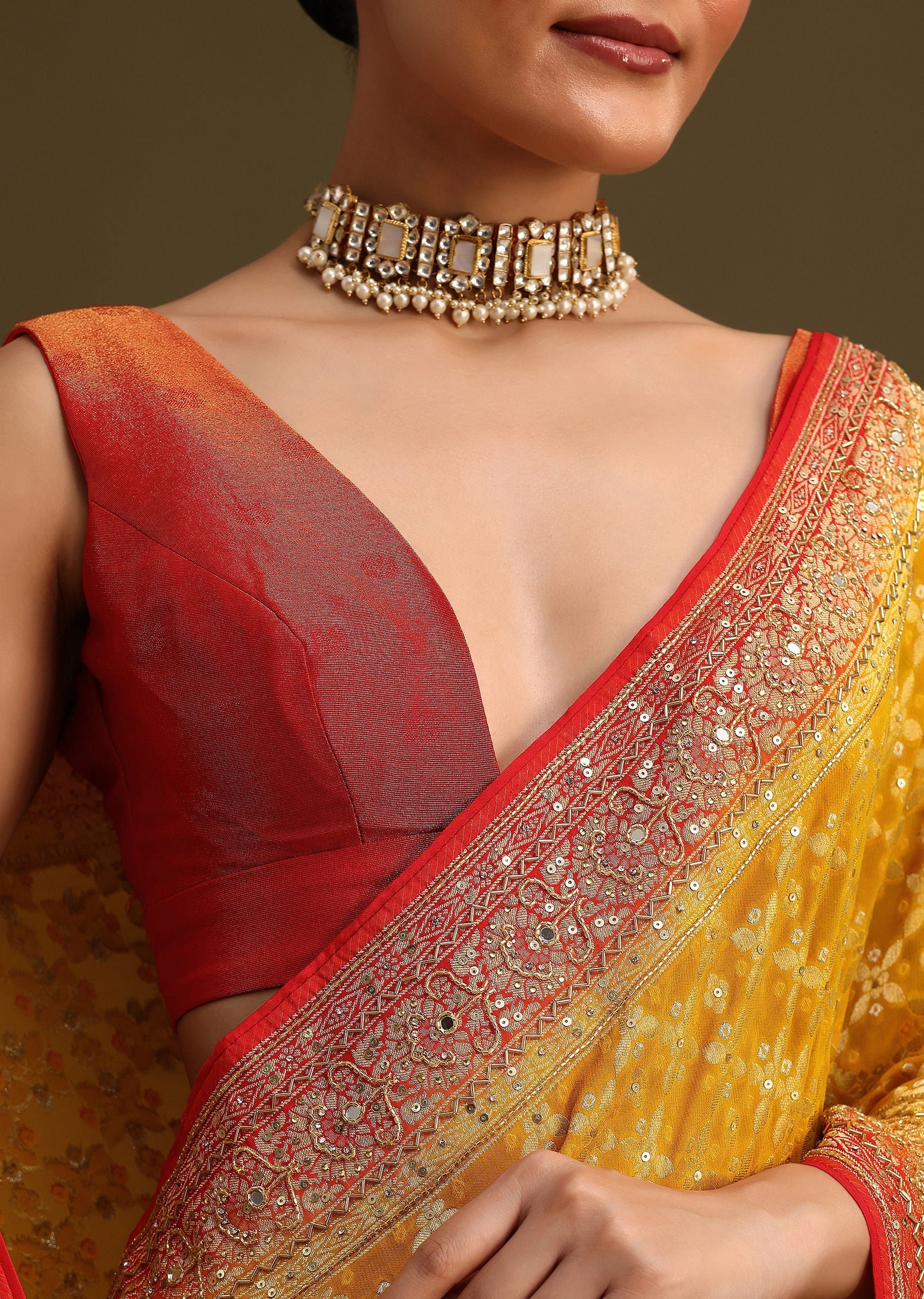 Yellow Khaddi Georgette Bandhani Weave Cutdana Saree - Image 2