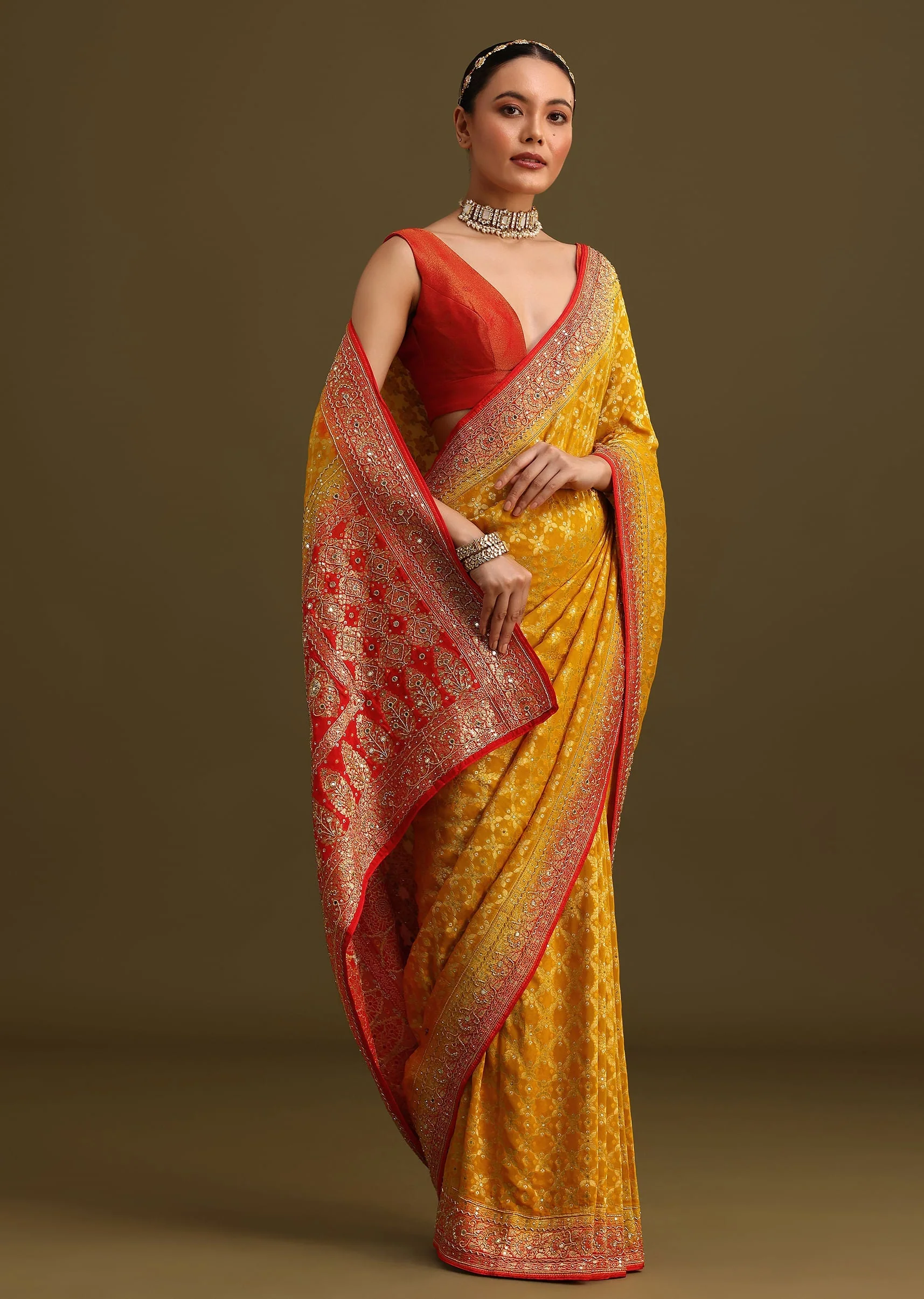 Yellow Khaddi Georgette Bandhani Weave Cutdana Saree - Image 3
